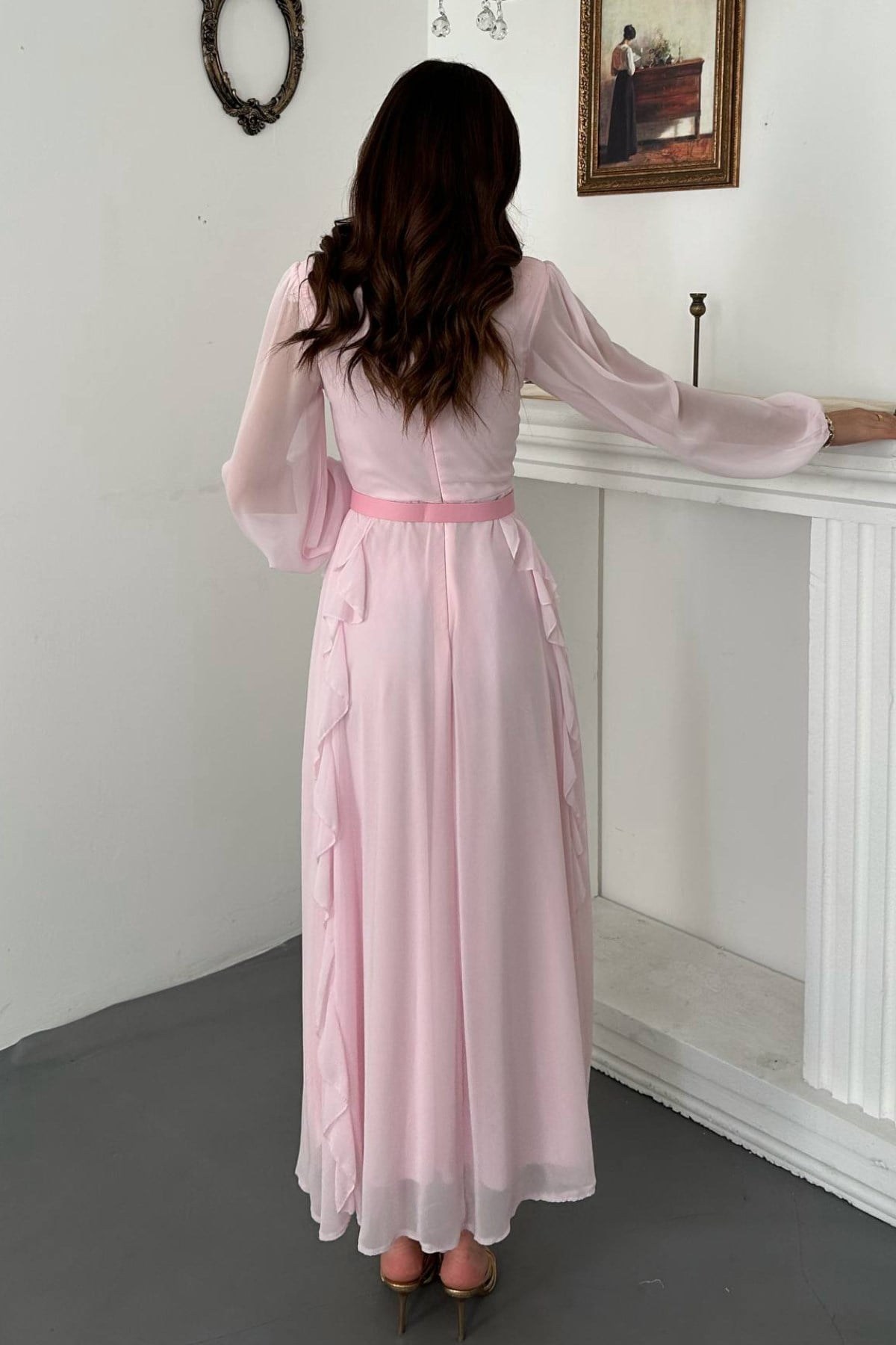 Pembe Kemerli Şifon Elbise 5