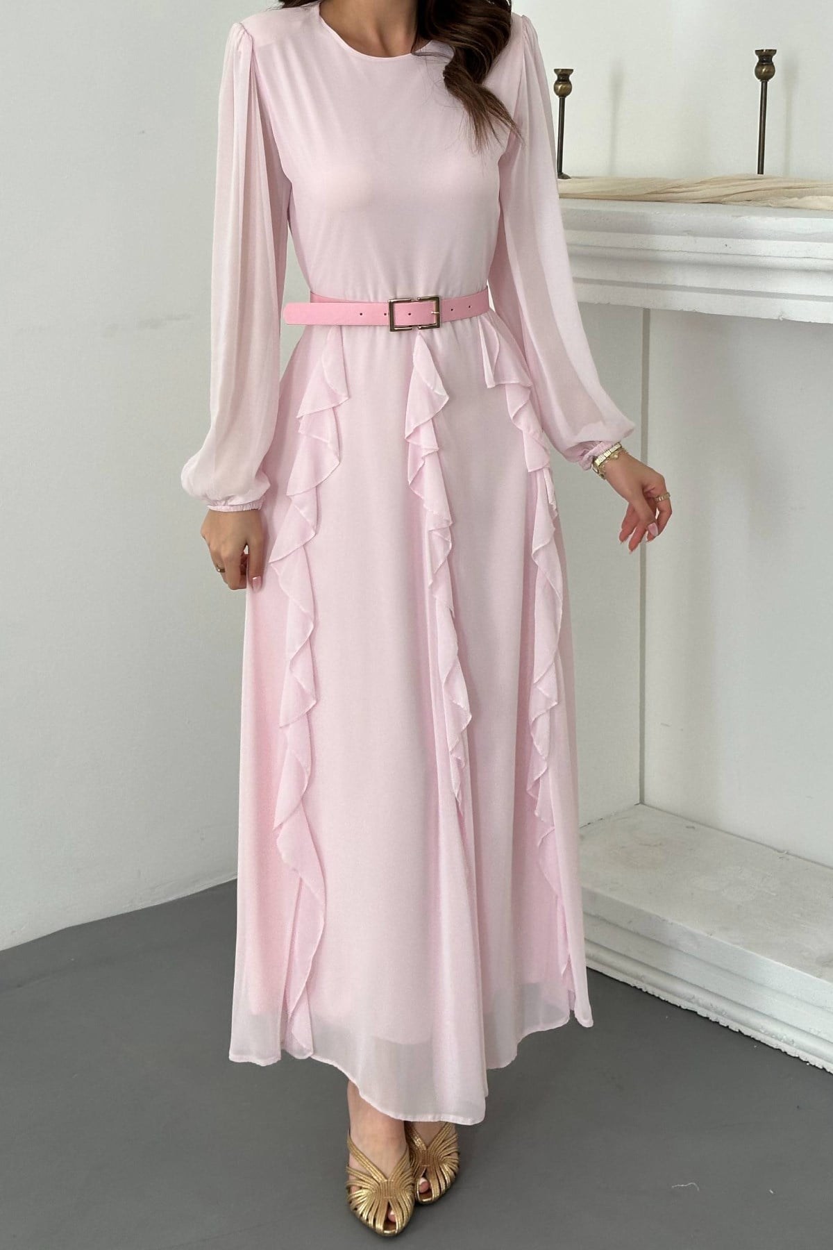 Pembe Kemerli Şifon Elbise 4