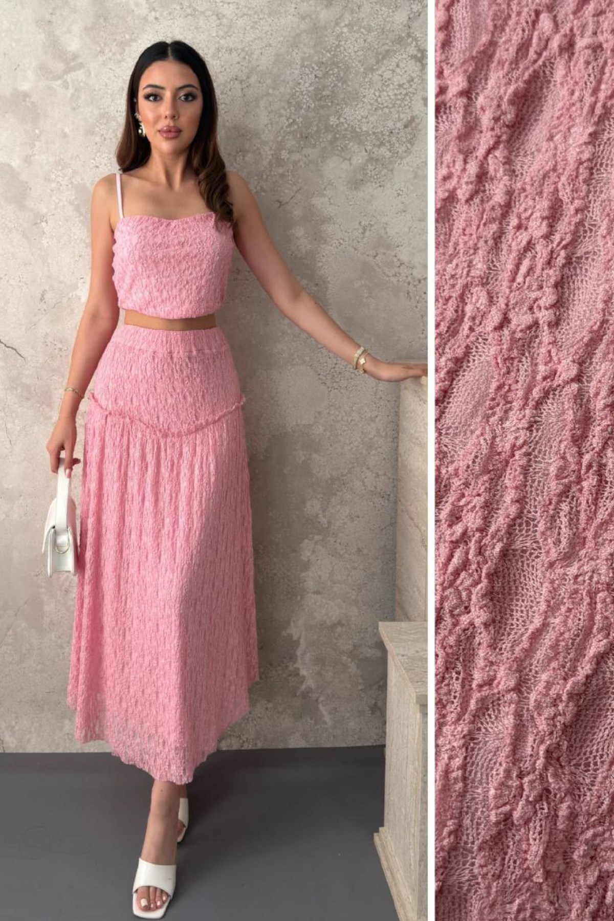 Pembe Dantel Bluz Ve Fırfırlı Etek Takım 3
