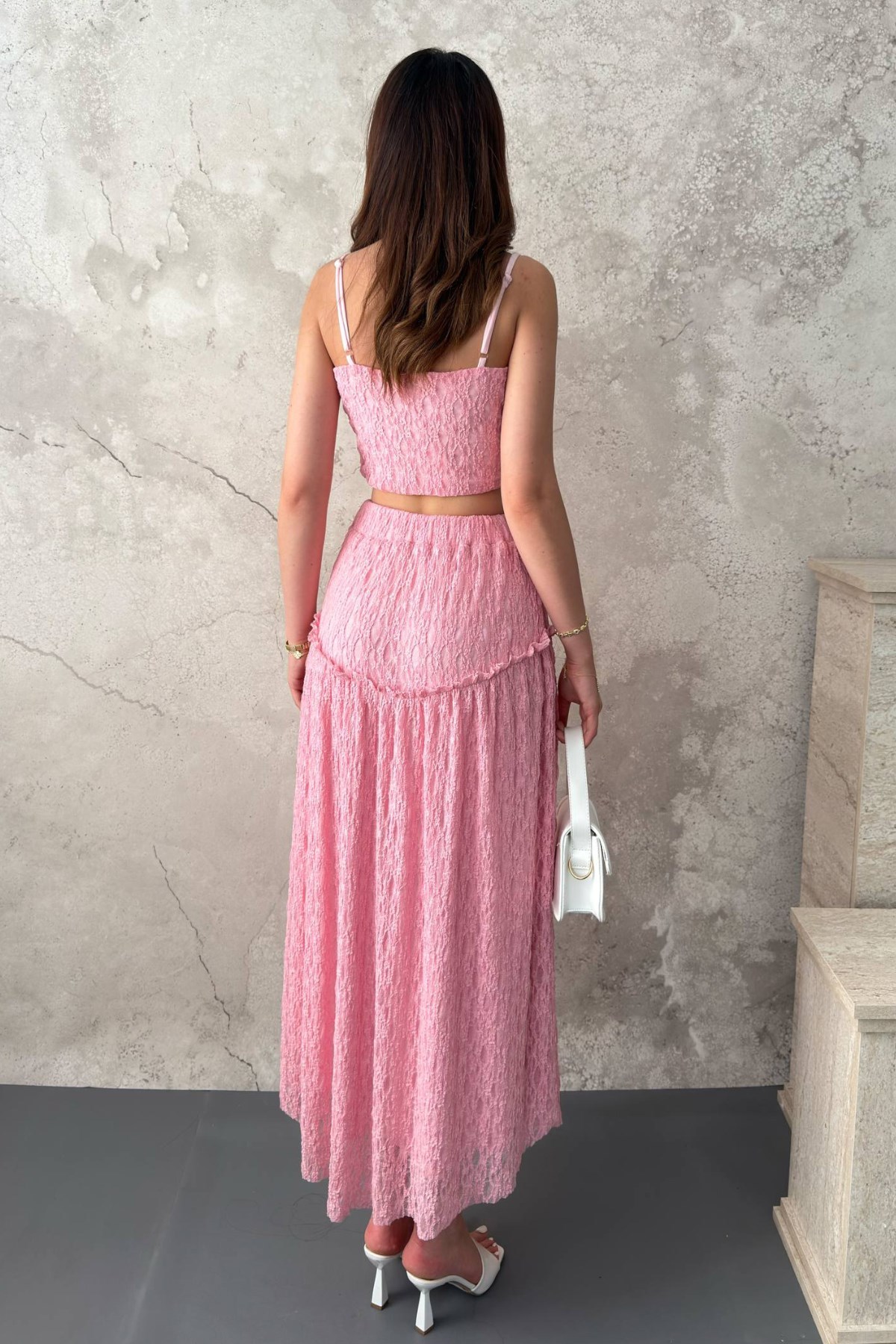 Pembe Dantel Bluz Ve Fırfırlı Etek Takım 6