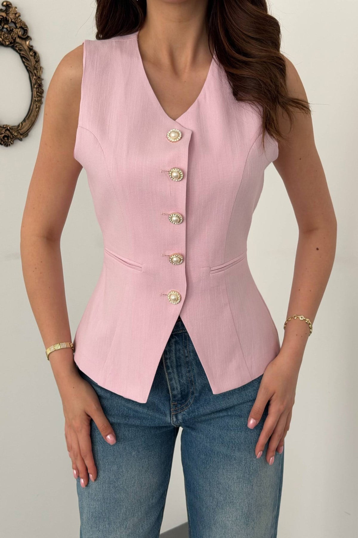 Pembe Belden Oturtmalı Fleto Detaylı Yelek 4
