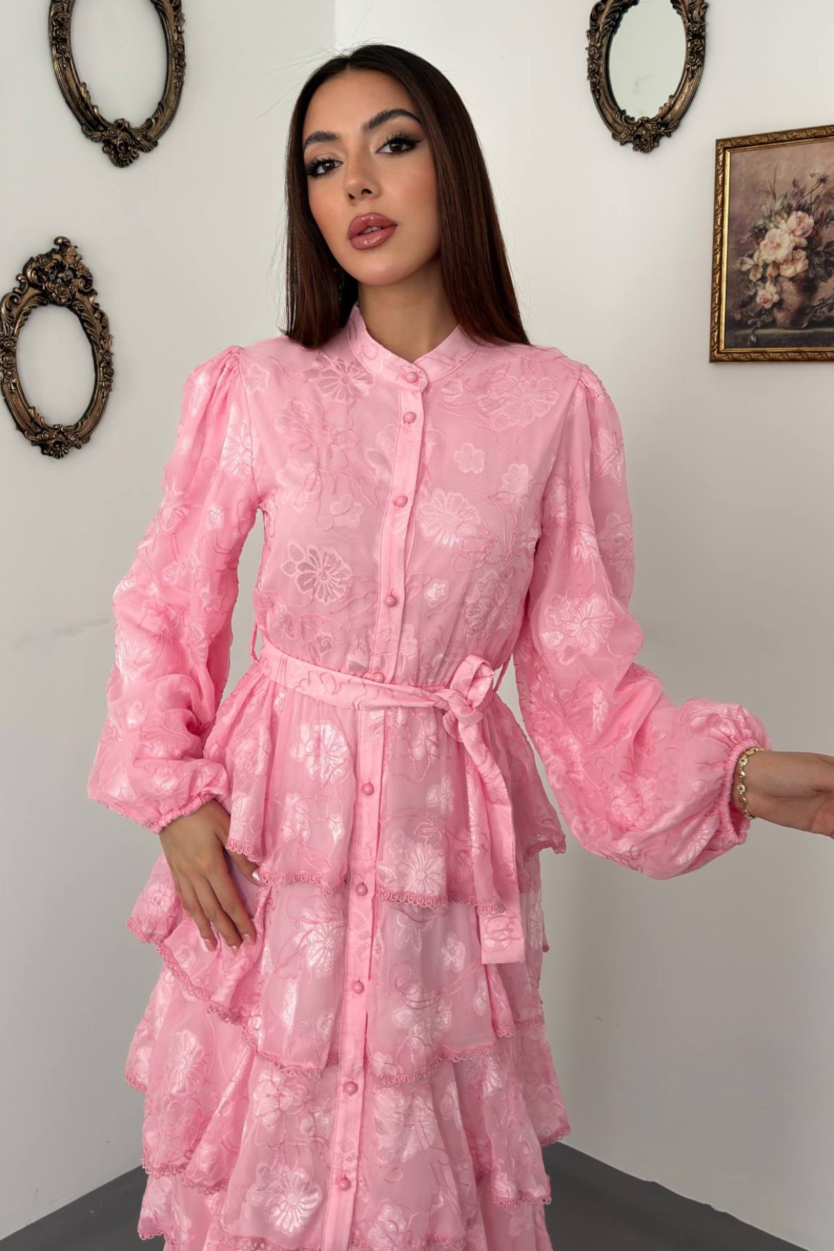 Pembe Valonlu Şeritli Uzun Elbise 3