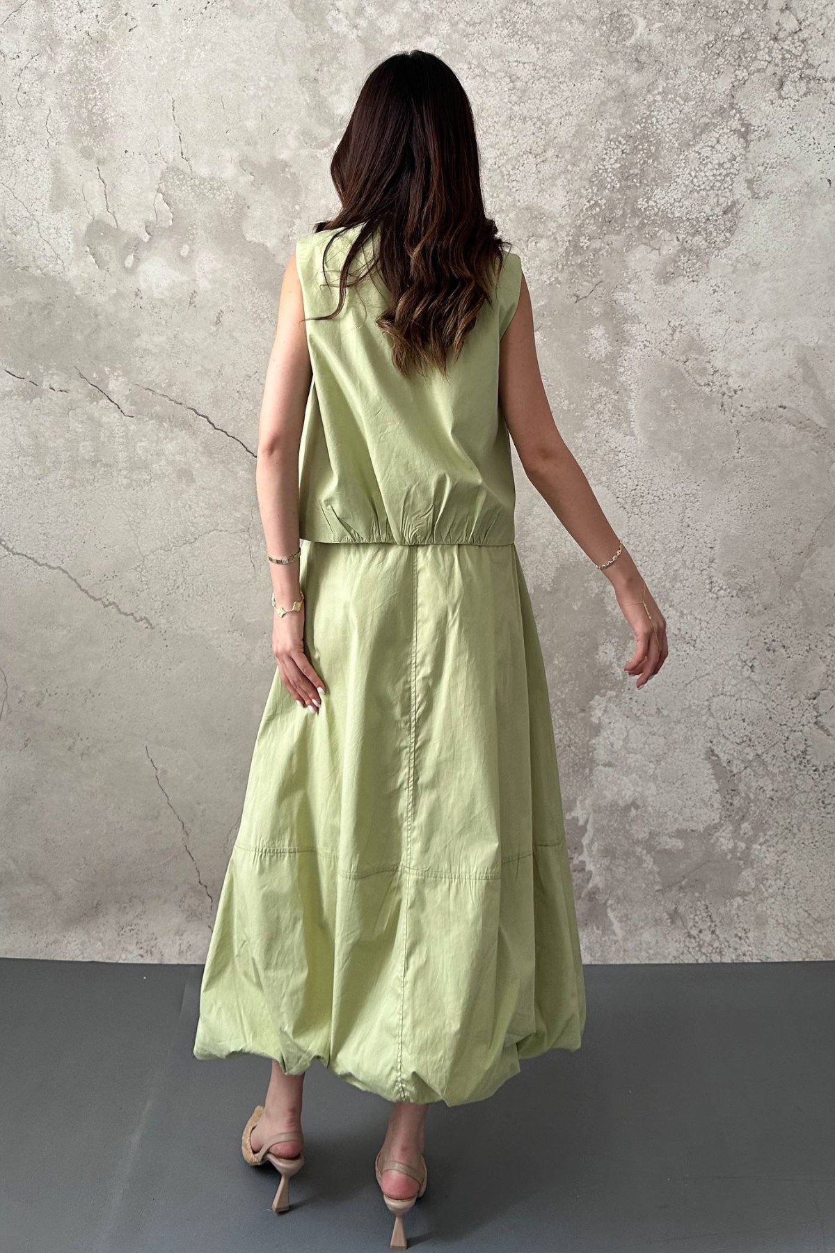 Olive Poplin Yelek Etek Takım 5