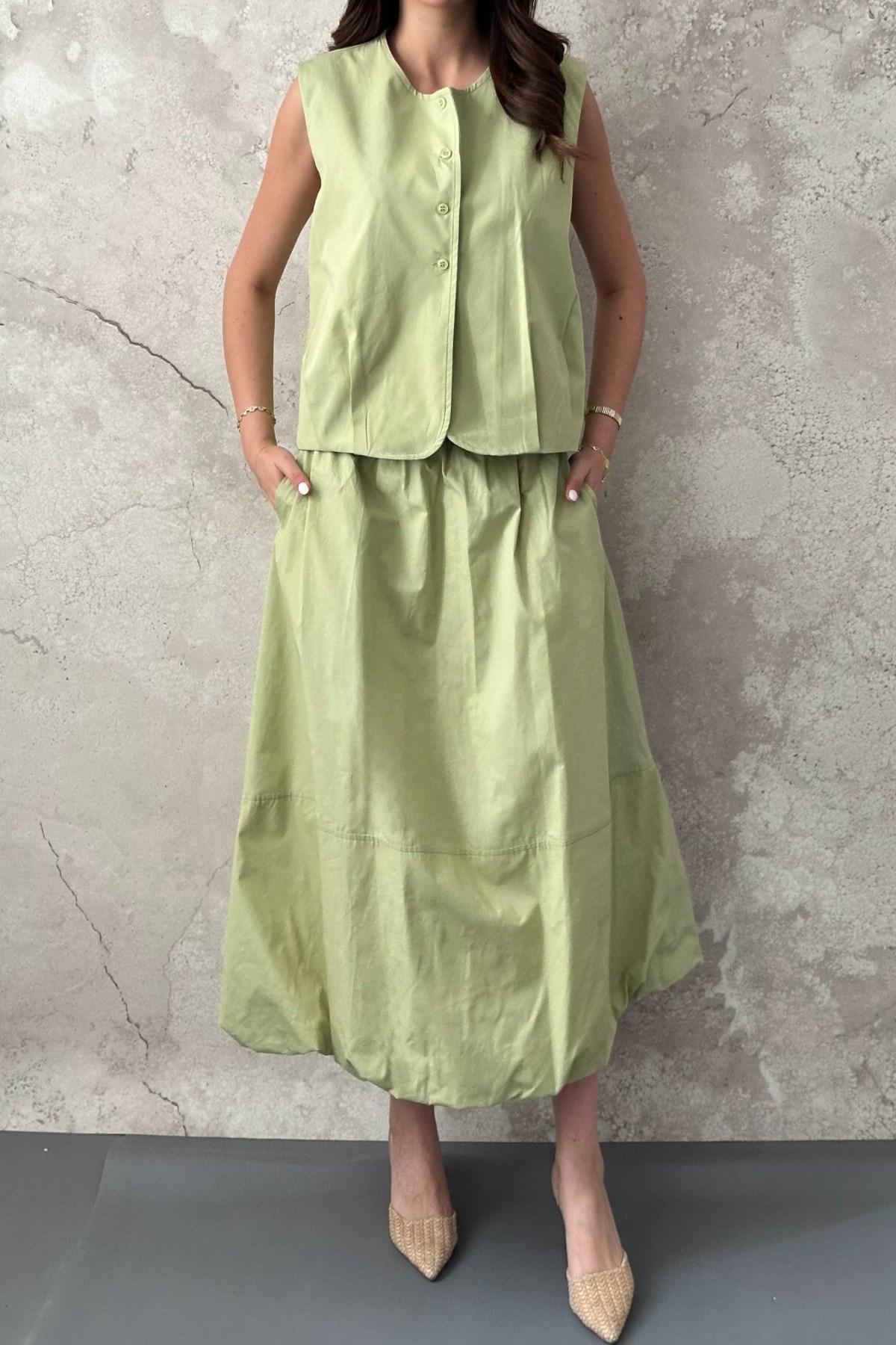 Olive Poplin Yelek Etek Takım 4