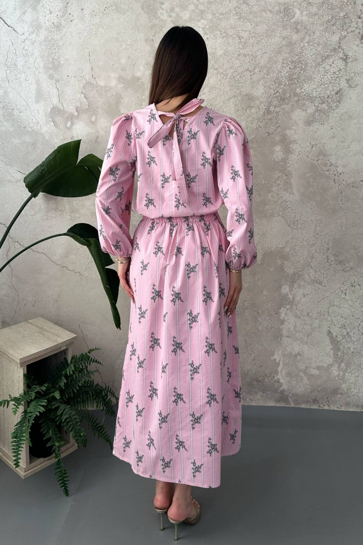 Pembe Çizgili Çiçekli Bluz Etek Takım 6