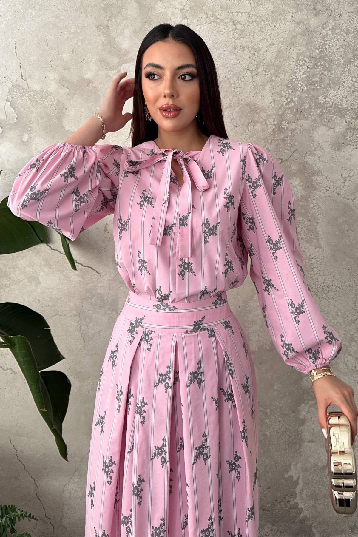 Pembe Çizgili Çiçekli Bluz Etek Takım 3