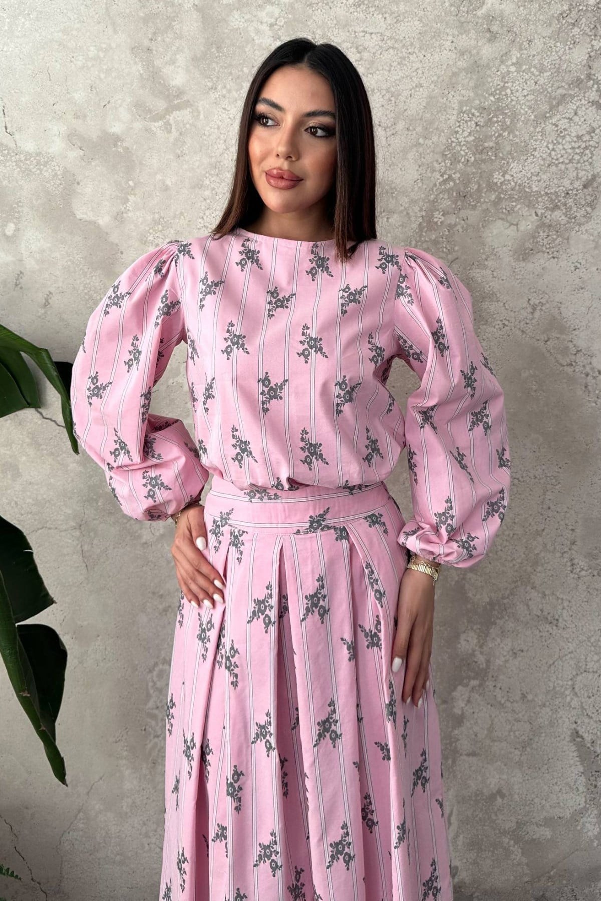 Pembe Çizgili Çiçekli Bluz Etek Takım 4