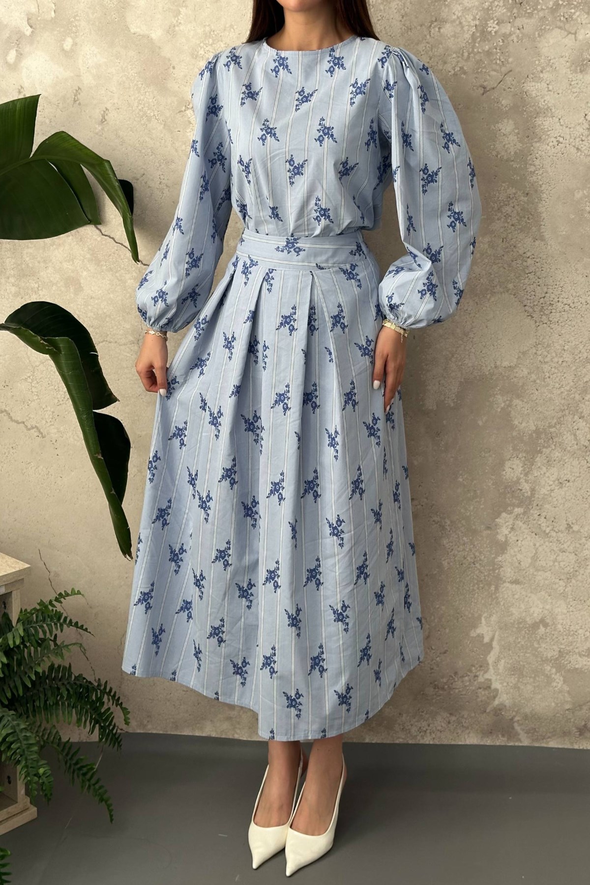 Mavi Çizgili Çiçekli Bluz Etek Takım 6