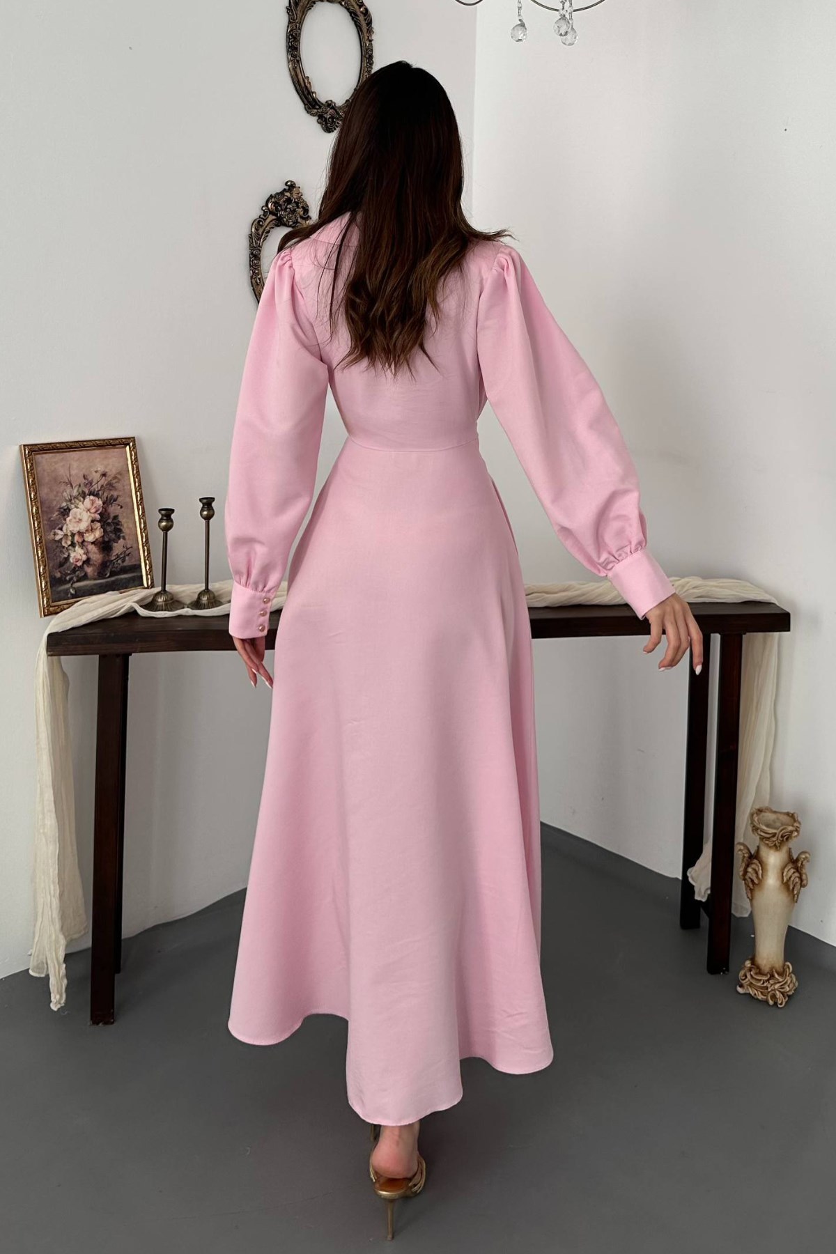 Pembe Pileli Önden Fermuarlı Elbise 5