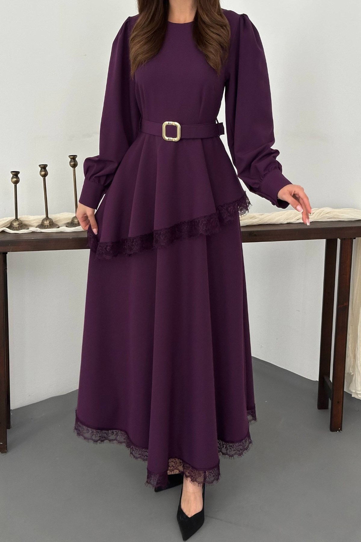 Mürdüm Asimetrik Dantelli Elbise 4