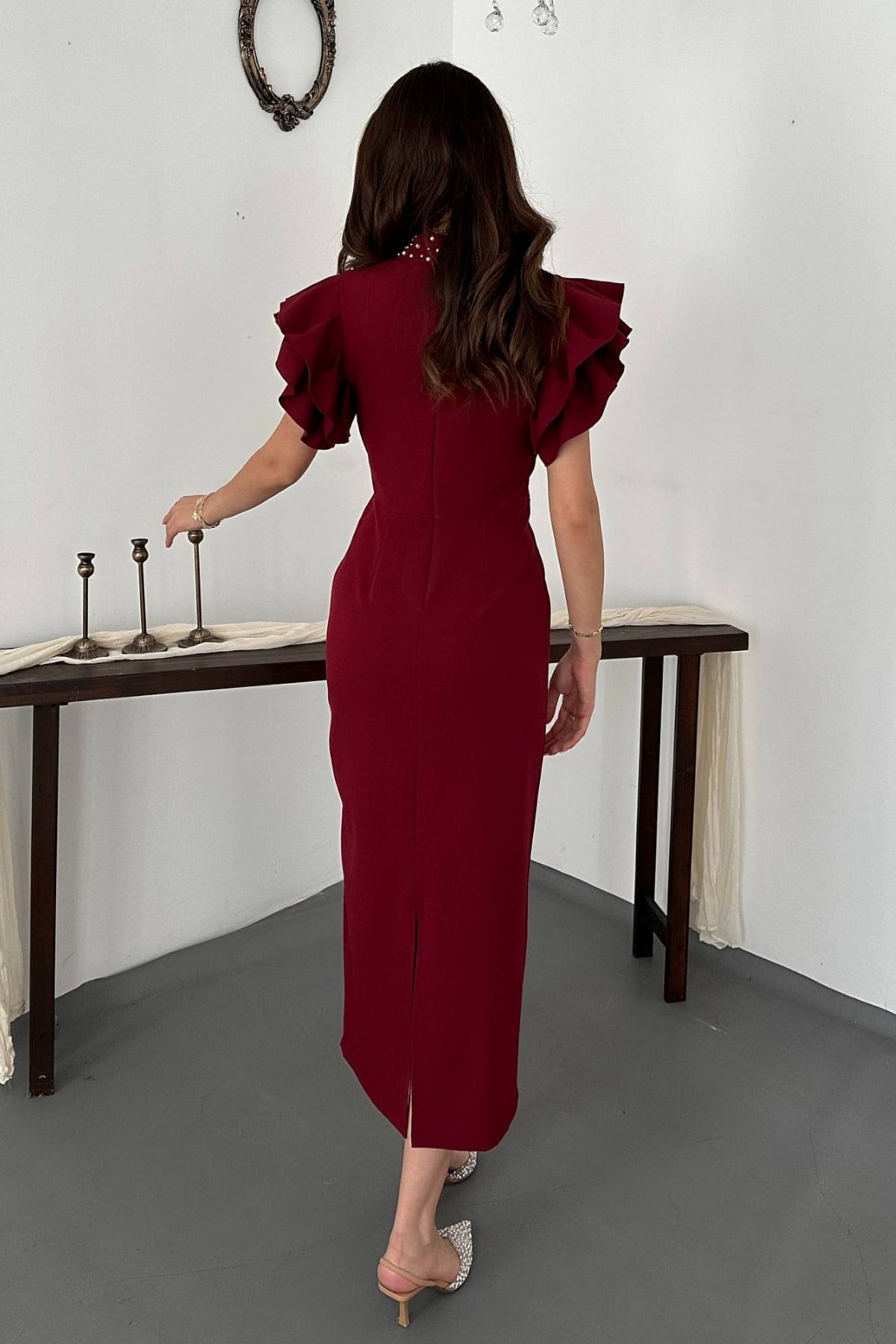 Bordo Işıltılı Elbise 5
