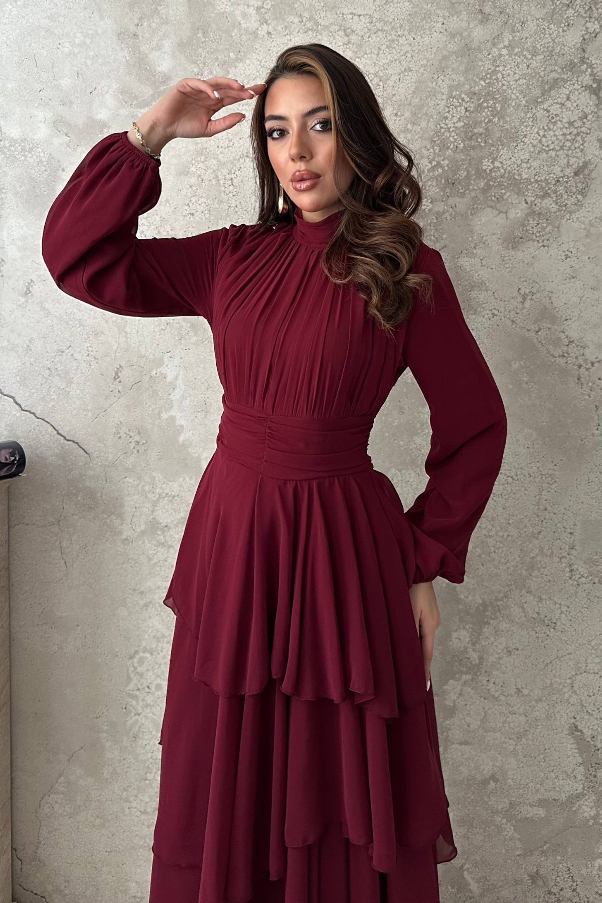 Bordo Kat Kat Bel Detaylı Elbise 3
