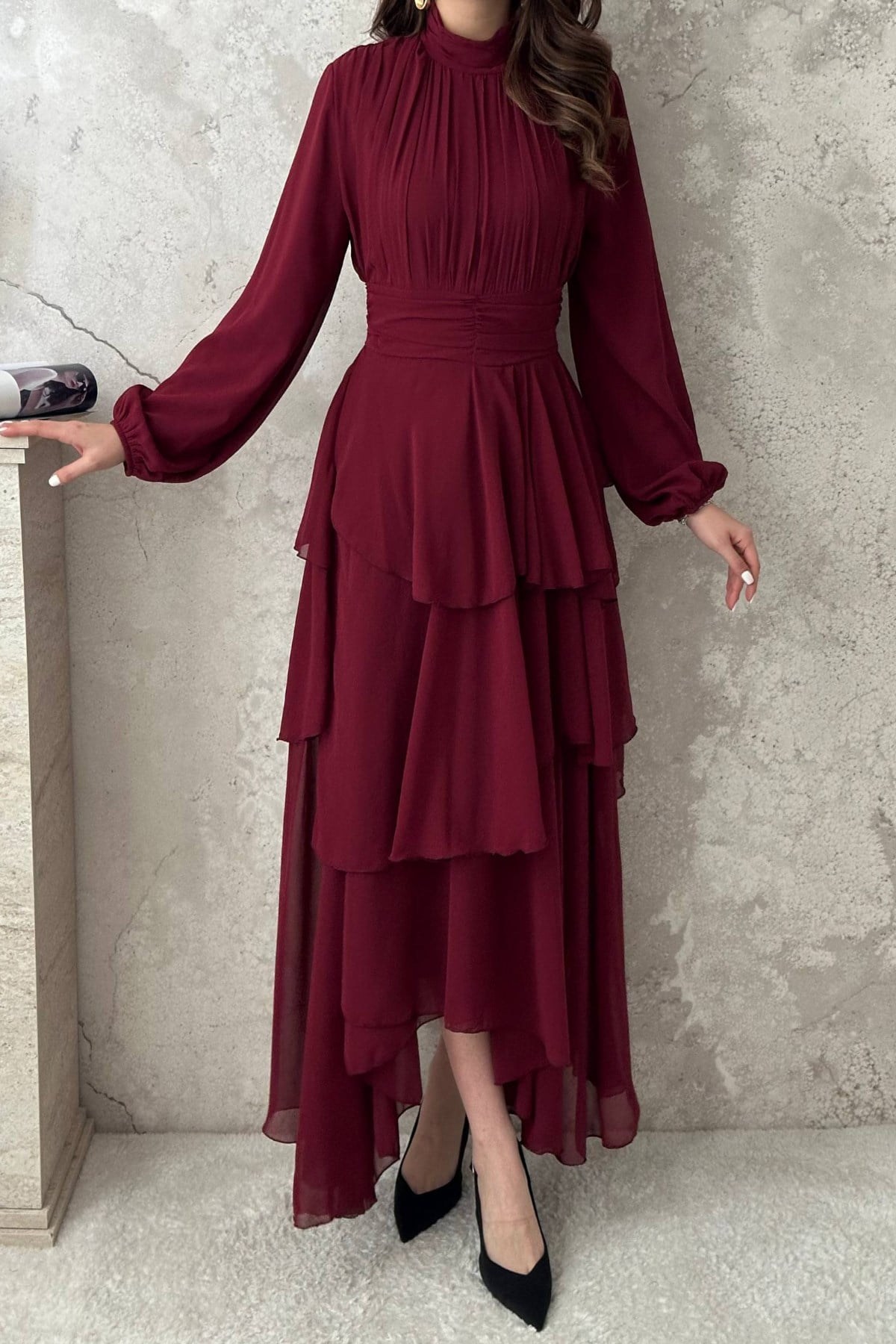 Bordo Kat Kat Bel Detaylı Elbise 4