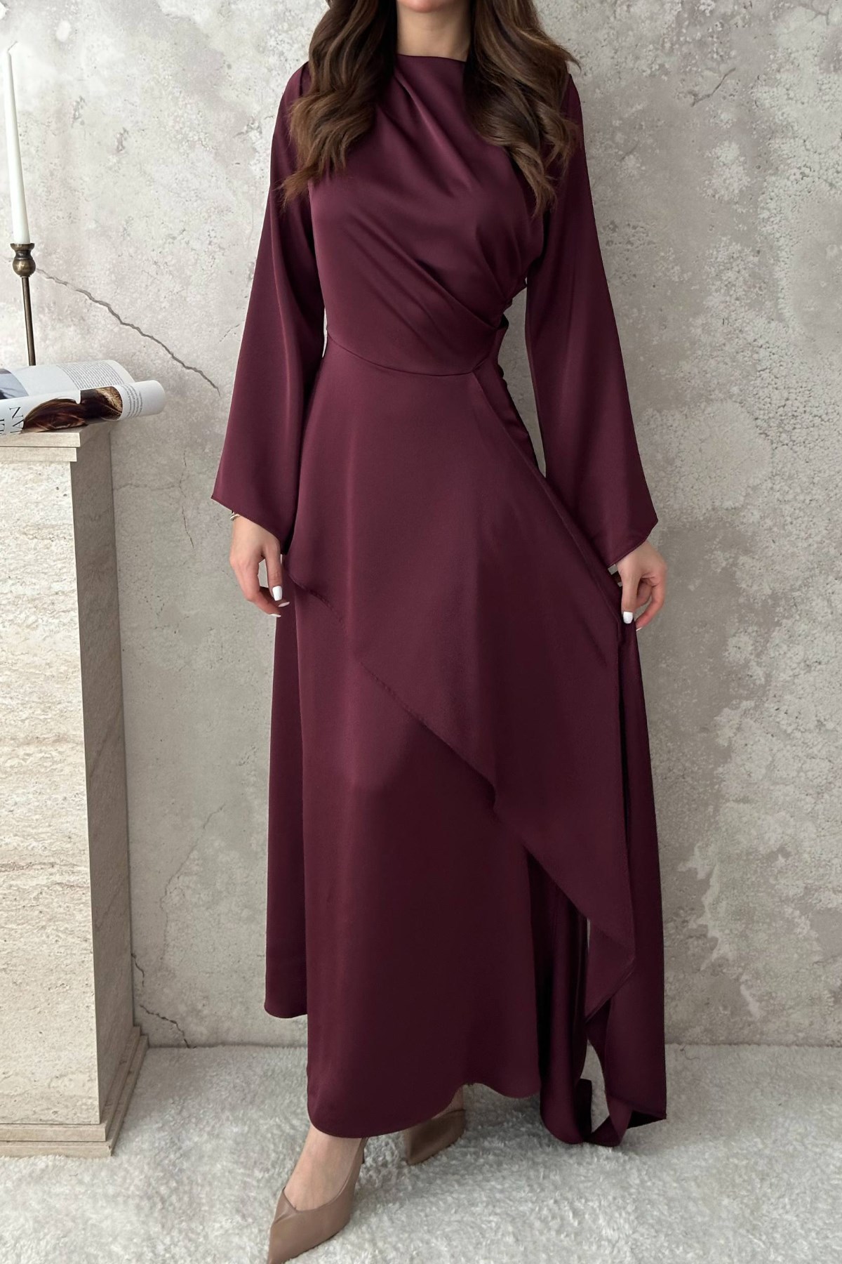 Bordo Yandan Bağlamalı Saten Elbise 4