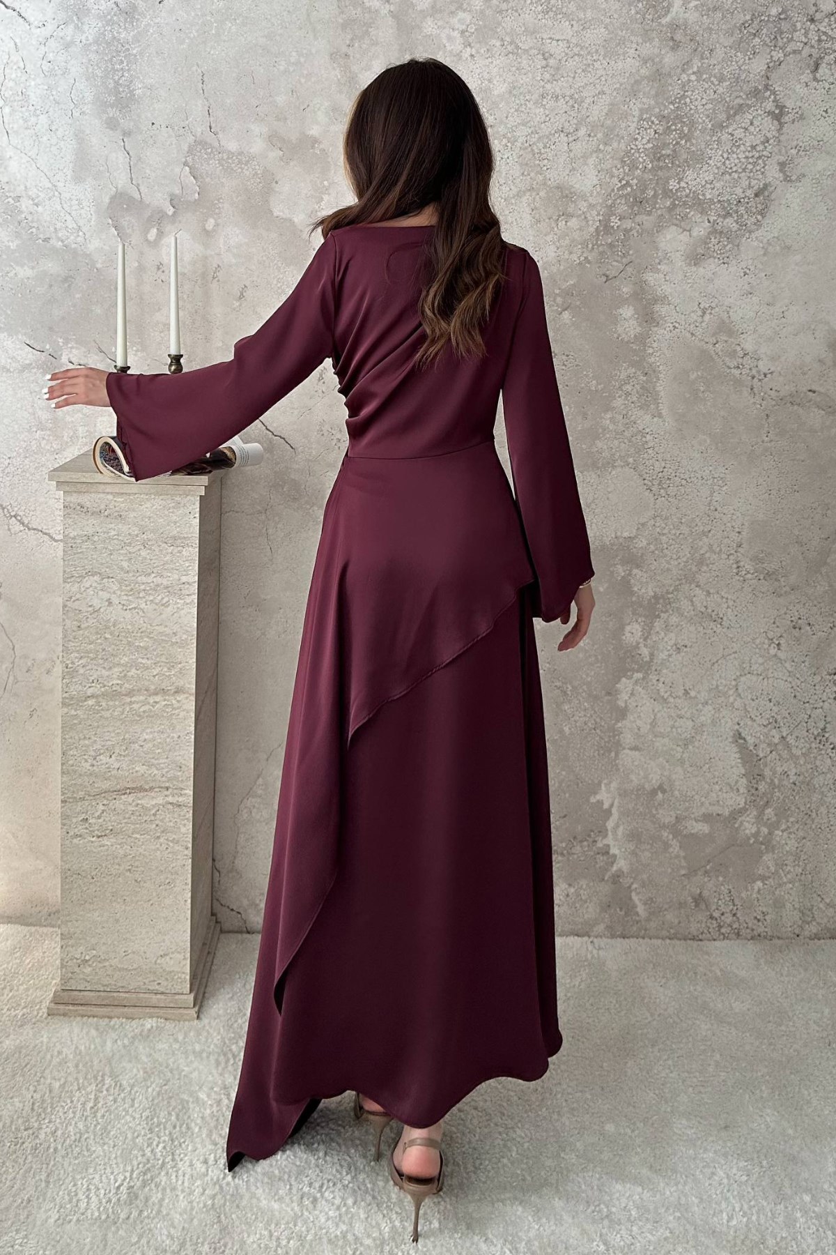 Bordo Yandan Bağlamalı Saten Elbise 5