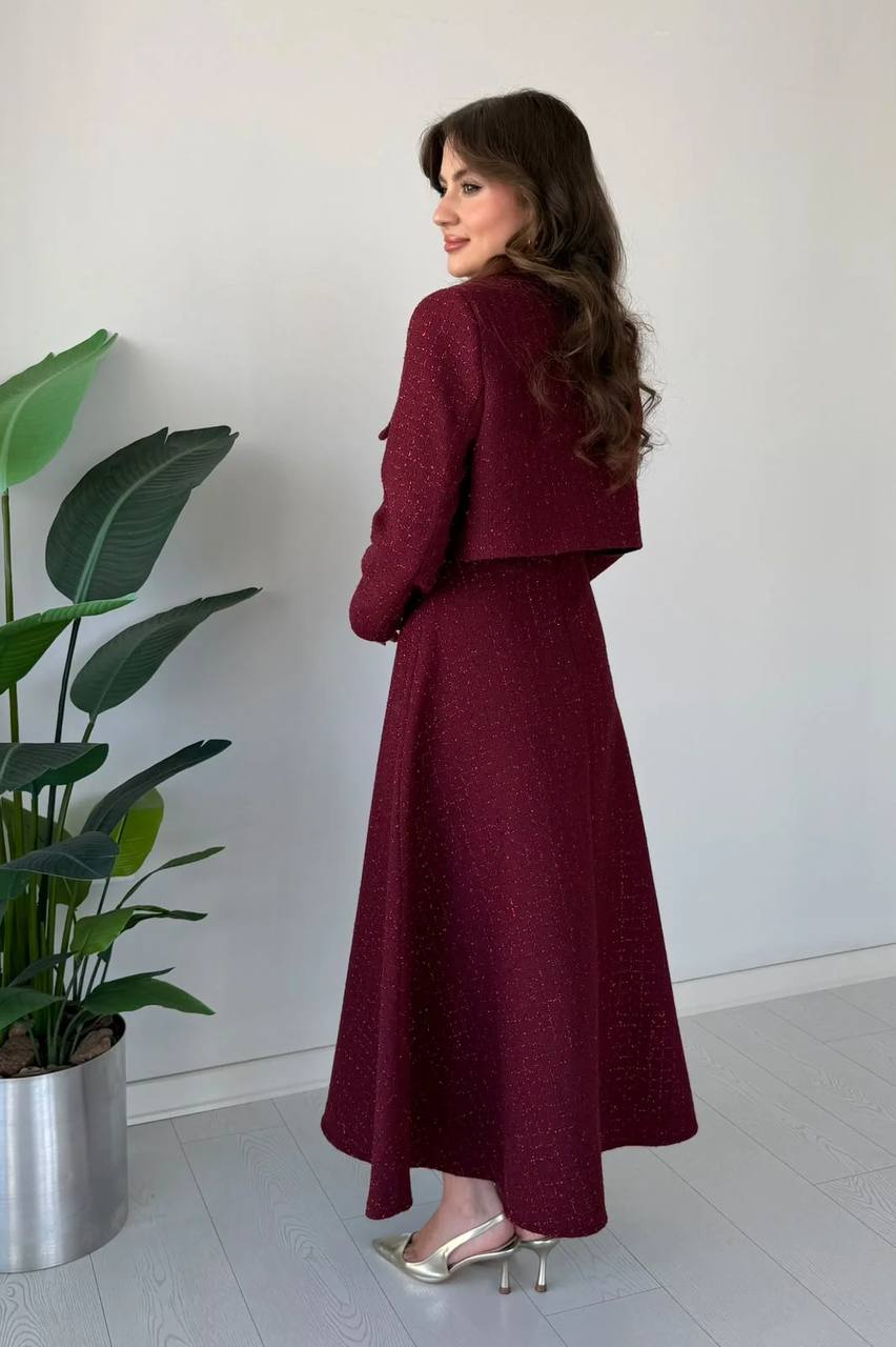 Zarafetin Modern Yorumu: Premium Dokulu Elbise & Ceket Takım Bordo 3