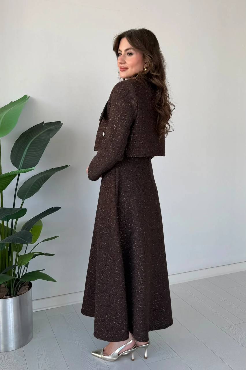 Zarafetin Modern Yorumu: Premium Dokulu Elbise & Ceket Takım Kahverengi 3