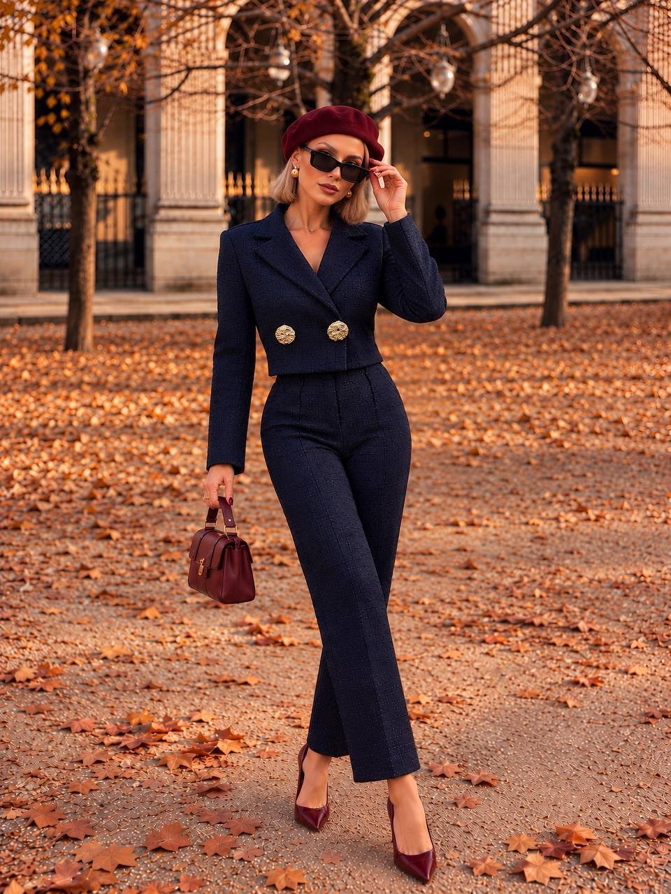 Gold Düğme Detaylı Crop Ceket Pantolon Takım Lacivert 3