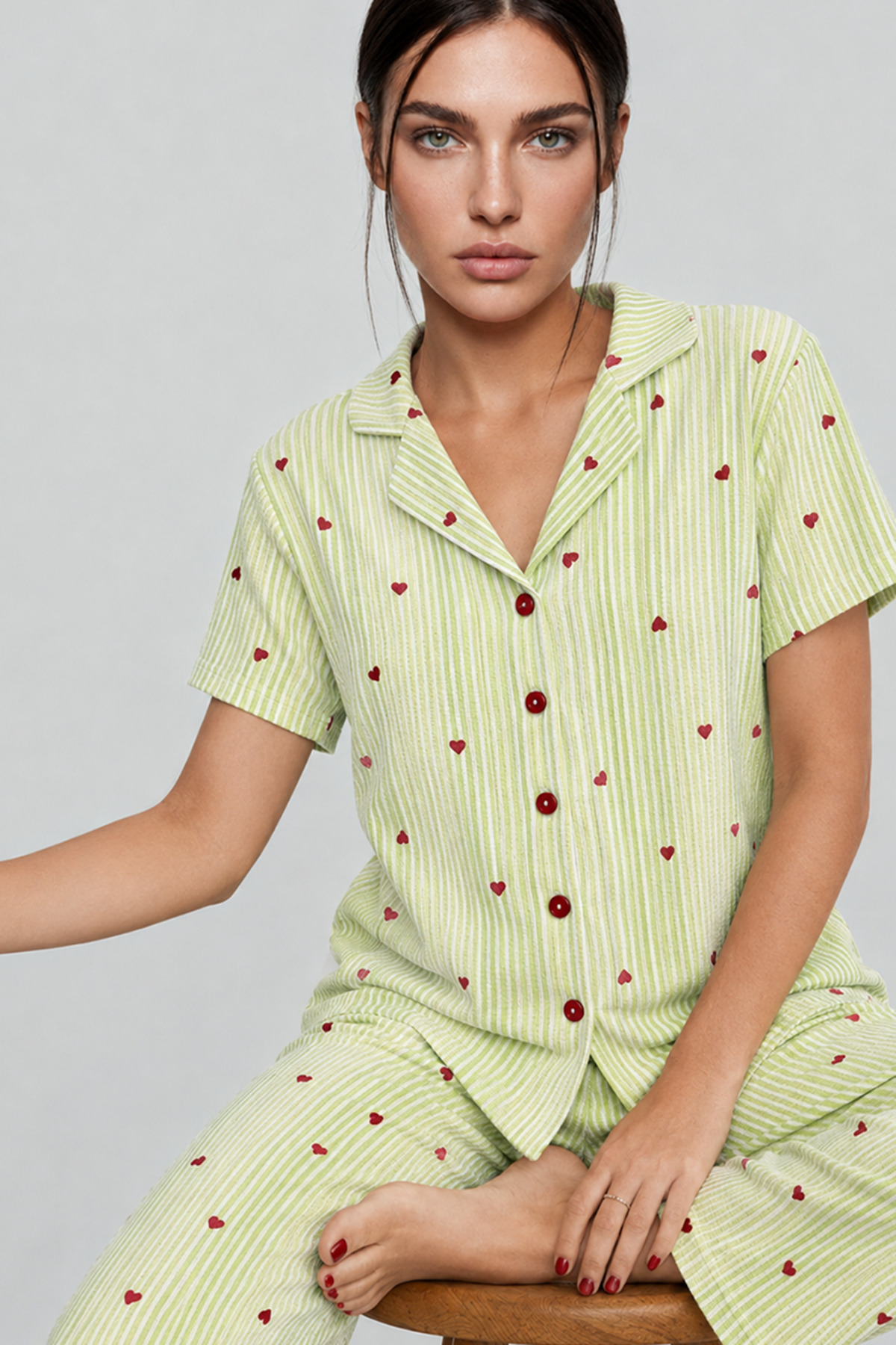 Kadın Kısa Kollu Rahat Yeşil Pijama Takımı 4732 3