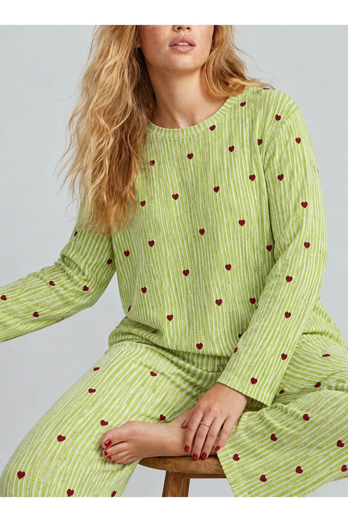 Kadın Çizgili Kalp Desenli Uzun Yeşil Pijama Takımı 5