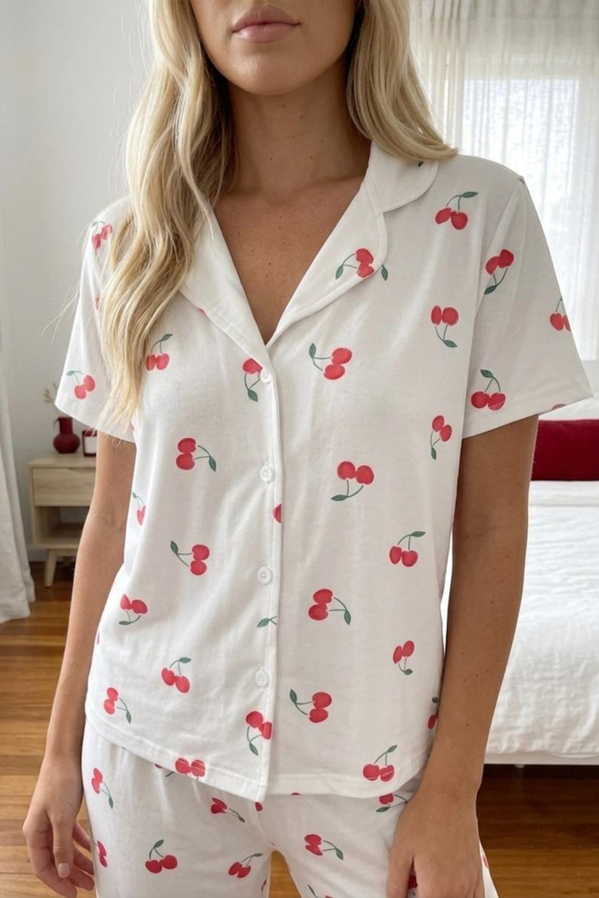 Kiraz Desenli Düğmeli Kısa Kollu Pijama Takımı 4589 Beyaz 4
