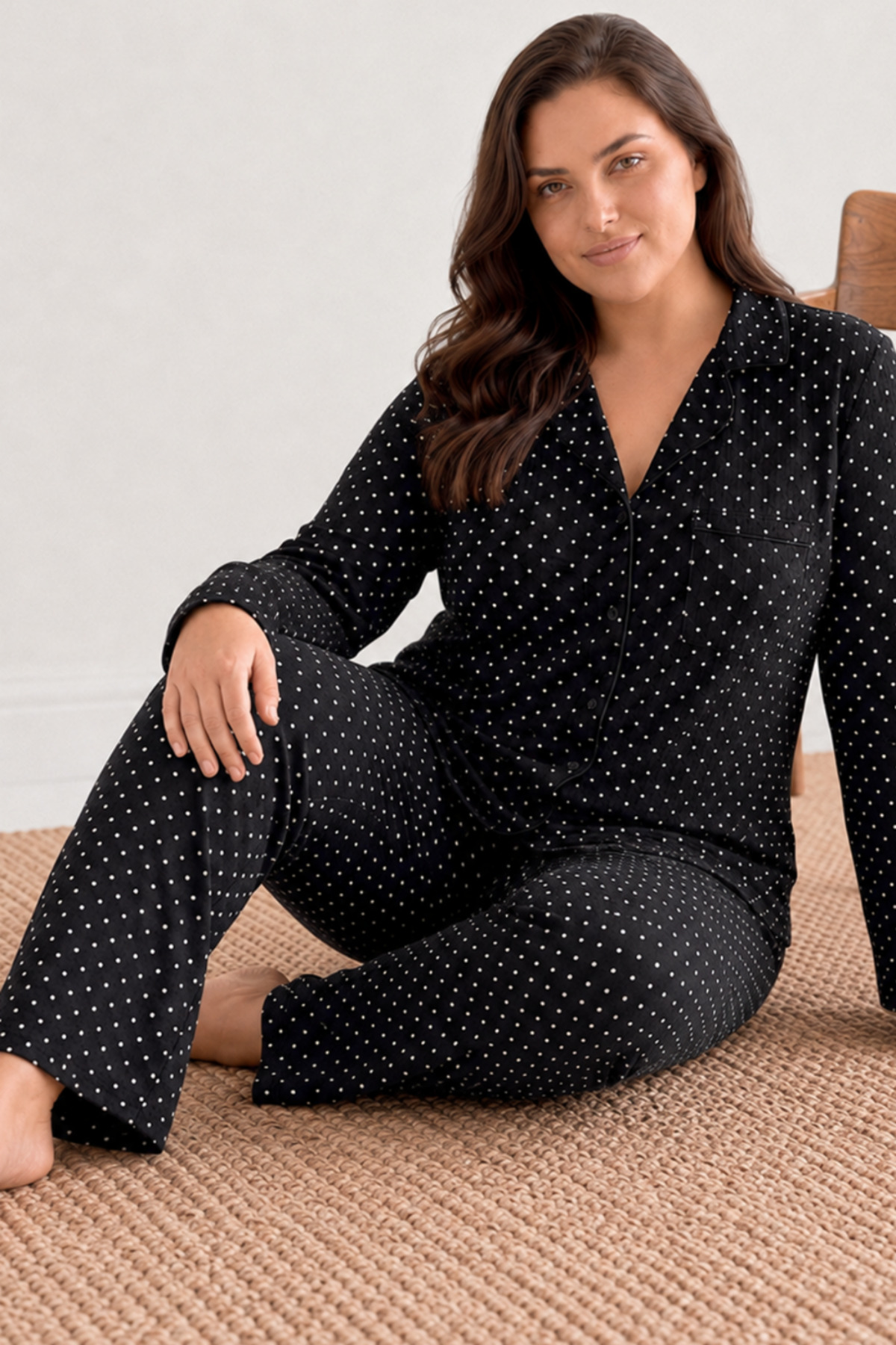 Kadın Puantiyeli Düğmeli Siyah Pijama Takımı 852 5