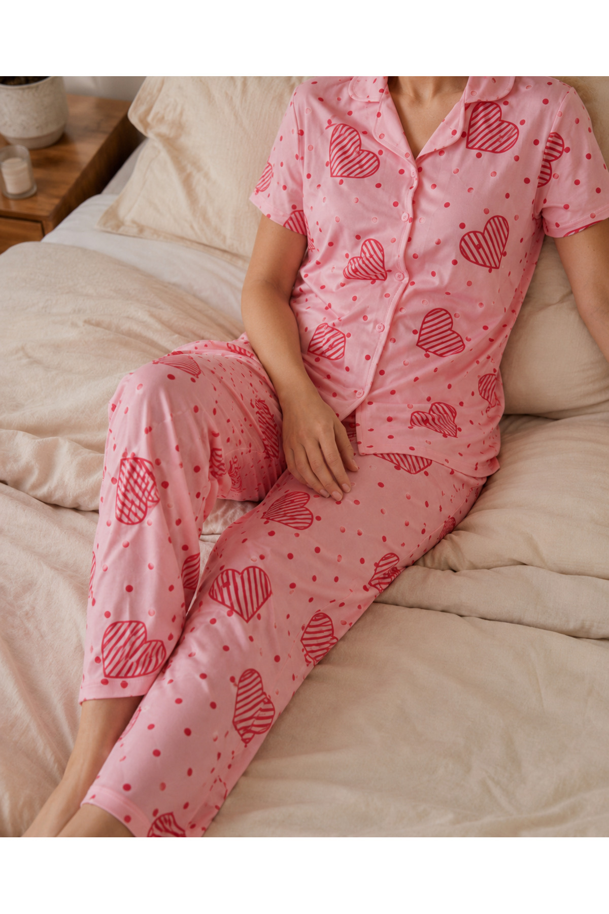 Pembe Kalp Ve Ekose Desenli Pijama Takımı 4640-Pembe 4
