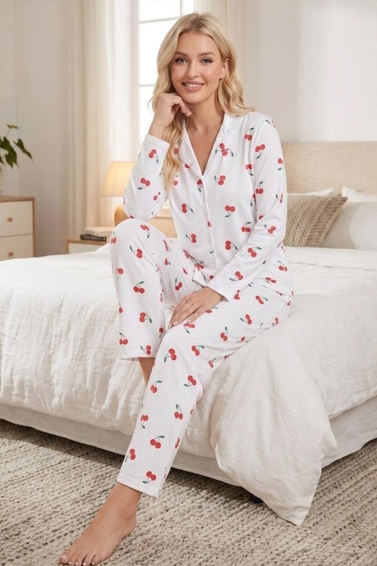 Kiraz Desenli Uzun Kollu Pijama Takımı 4604 -Beyaz 3