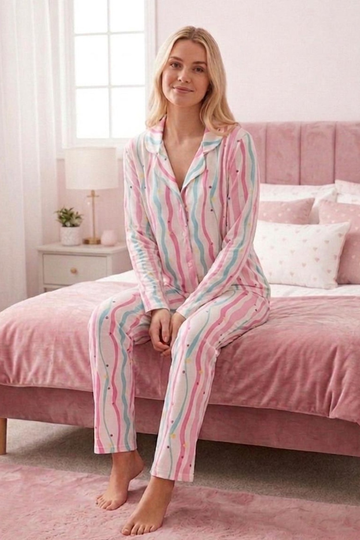 Yıldız Ve Kalp Desenli Uzun Kollu Pijama Takımı 4599 -Çok Renkli 3