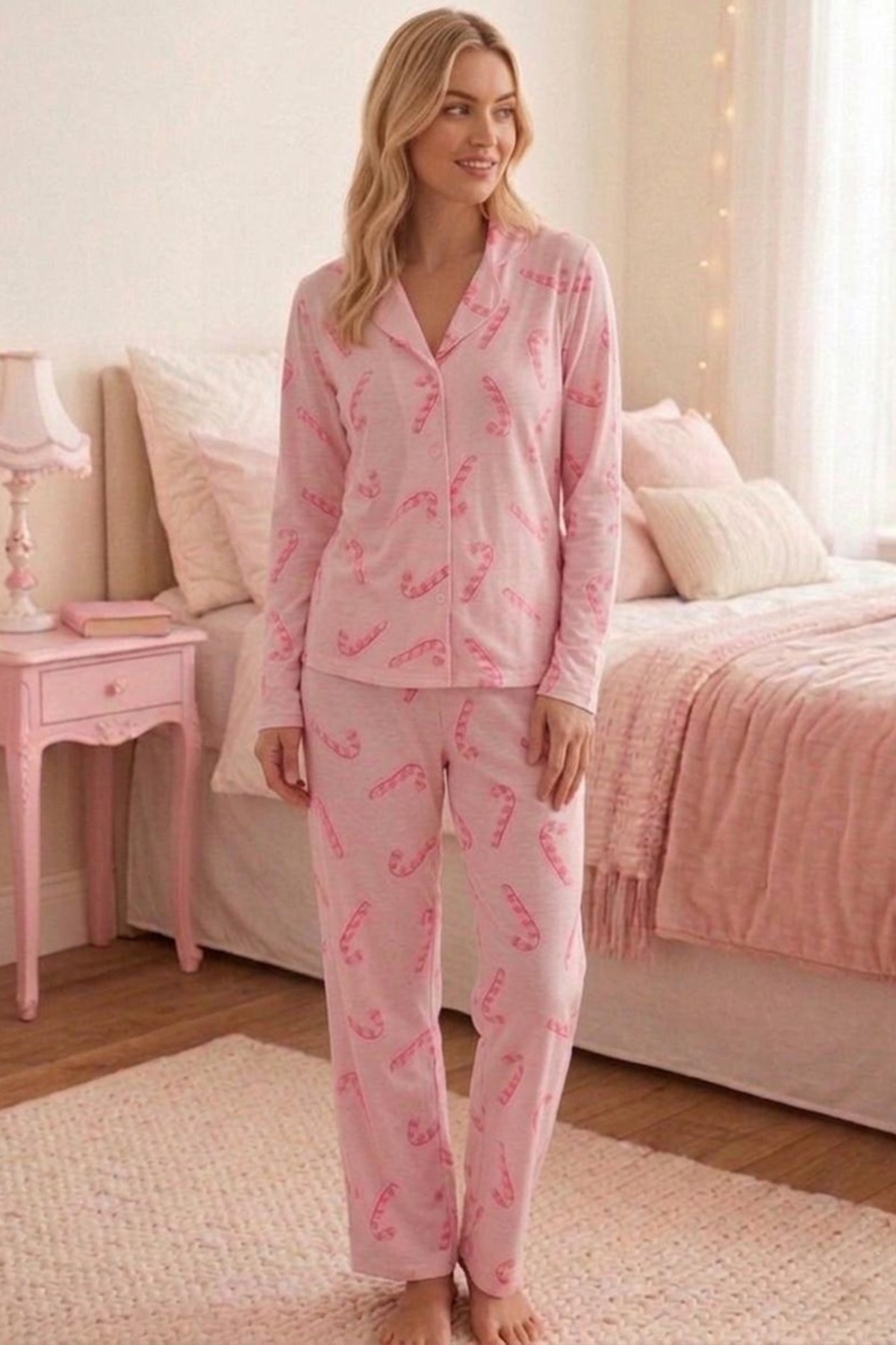 Baston Şeker Desenli Uzun Kollu Pijama Takımı 4601 -Pembe 3