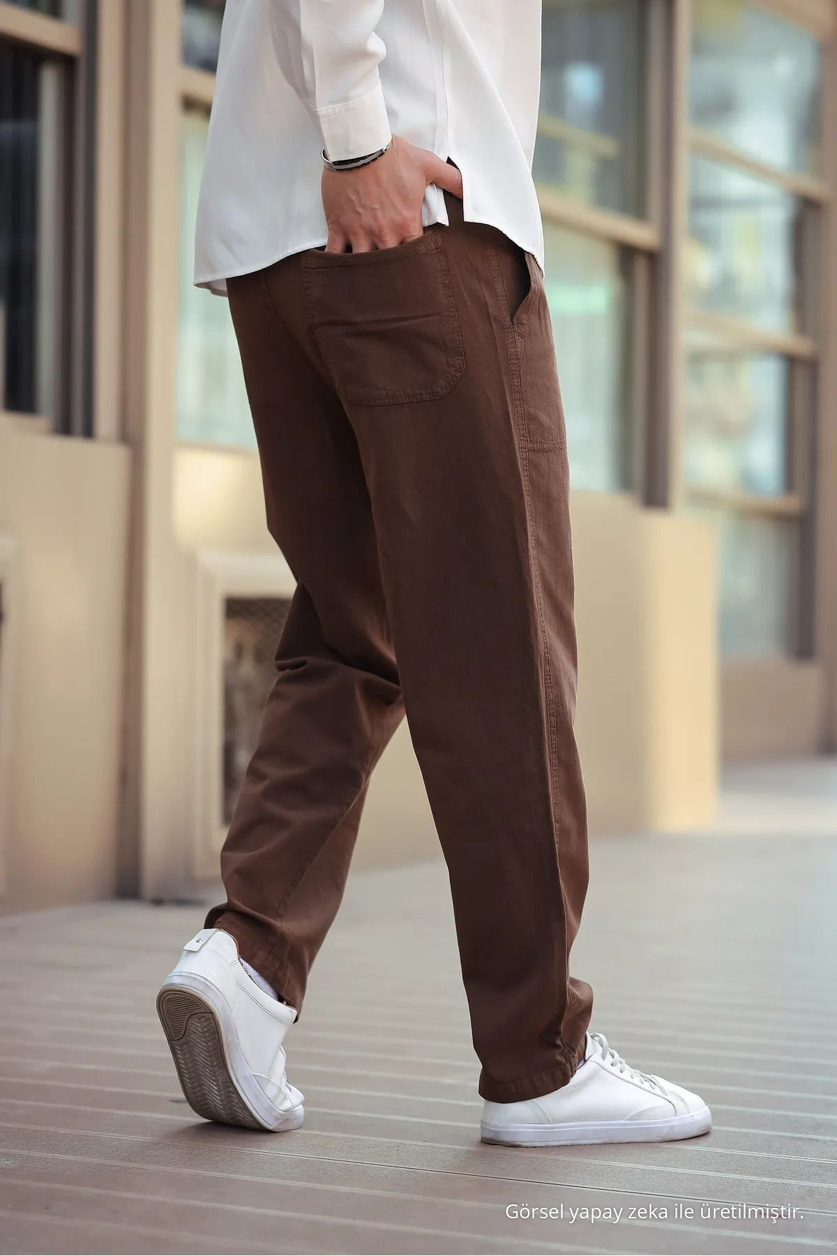 Kahverengi Renk Erkek Yazlık Keten Karışımı Relaxed Pantolon - Kahverengi 6