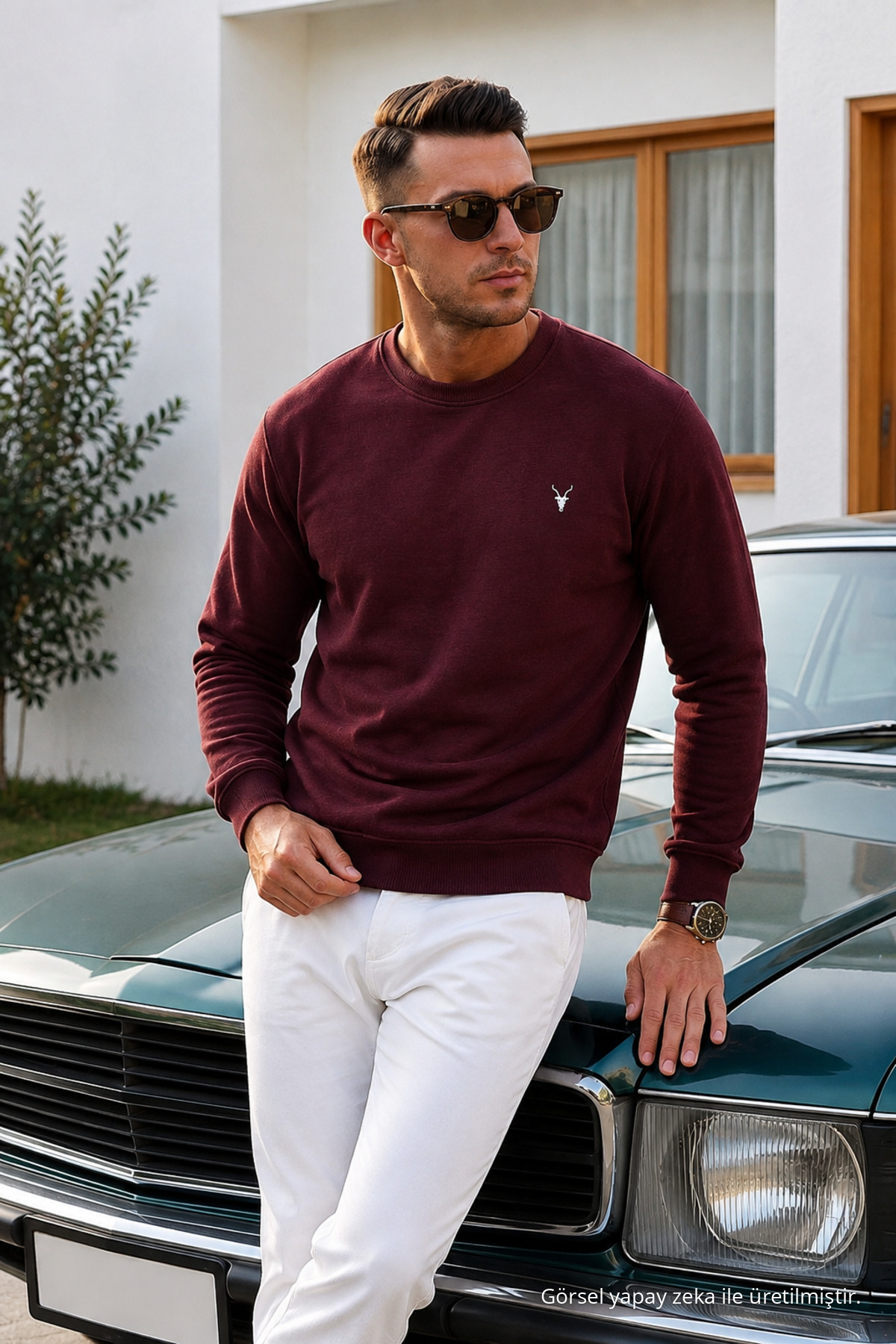 Bordo Düz Kol Düzenli Erkek Sweatshirt 3