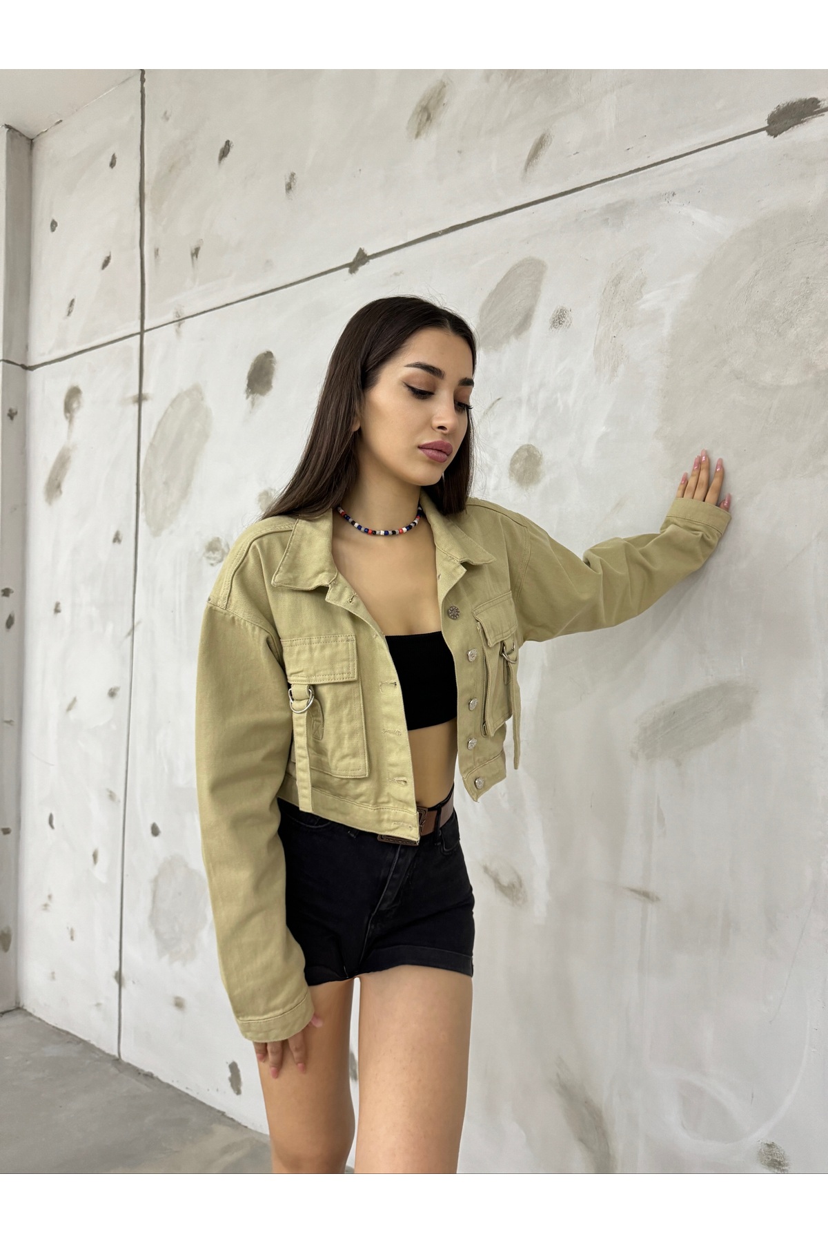 Kadın Cep Detaylı Oversize Crop Denim Ceket BEJ 6