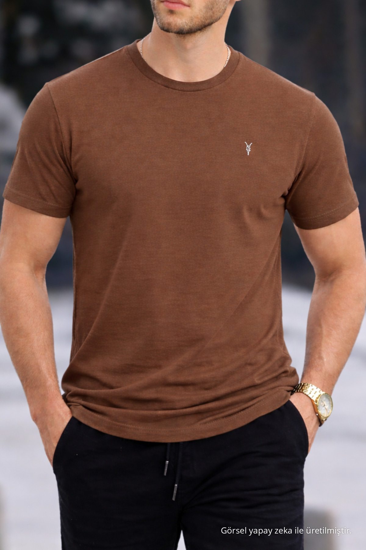 Erkek Bisiklet Yaka Slim Basic Kahverengi Tişört 3
