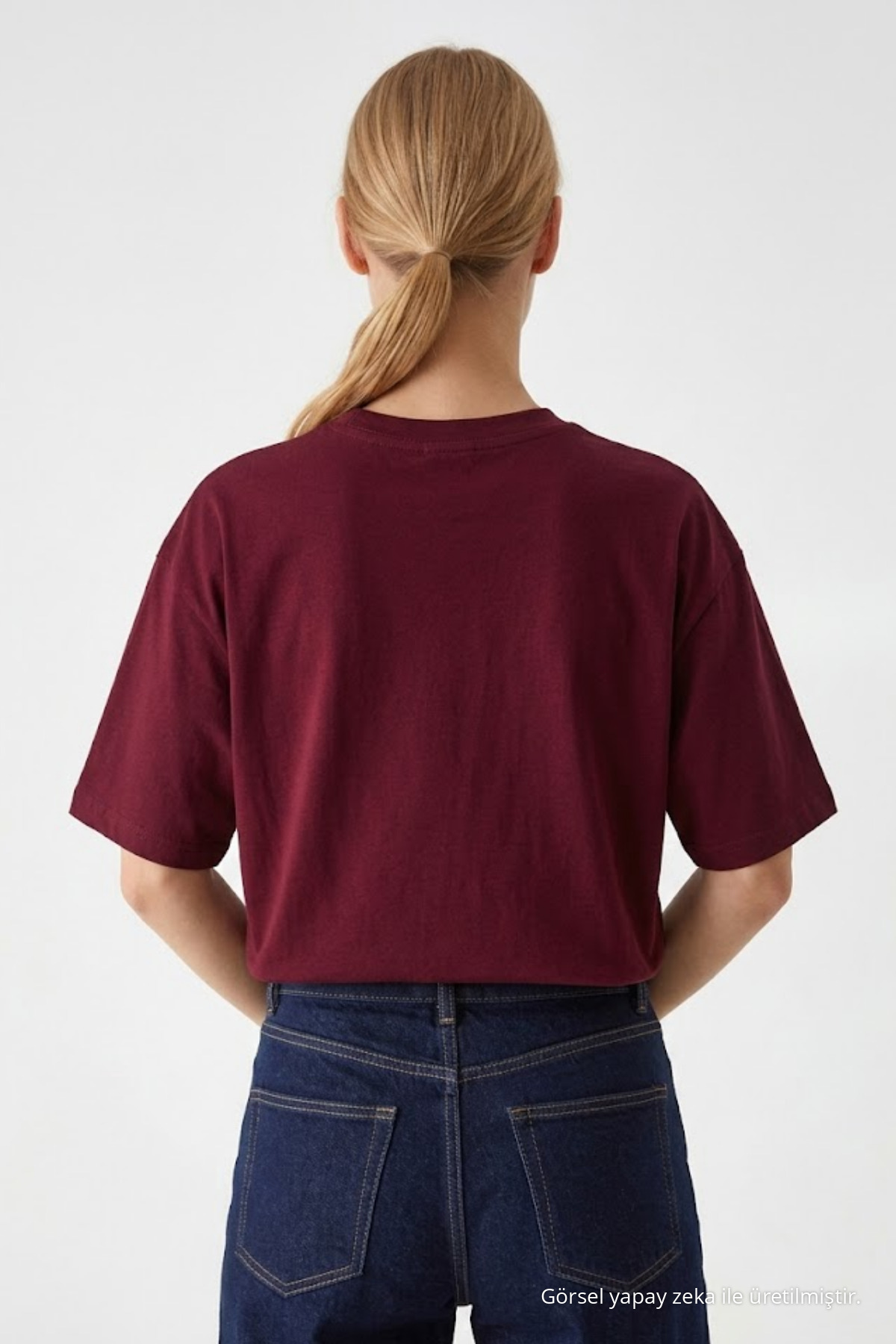 Kadın Bisiklet Yaka Bordo Oversize Tişört 5
