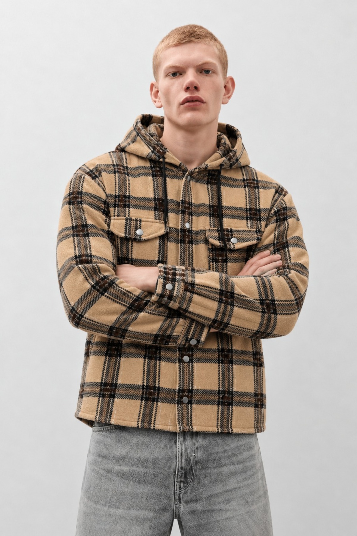 Erkek Ekose Kapüşonlu Casual Cepli Camel Oduncu Ceket 5