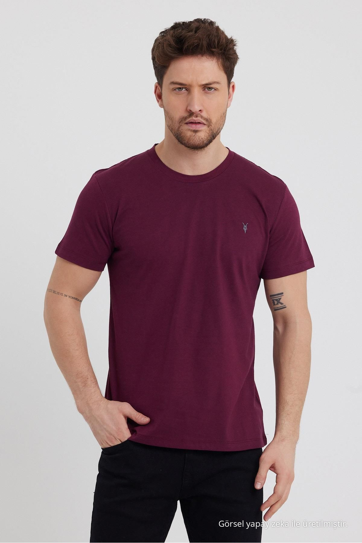 Haki HAKİ-LACİVERT-BORDO Bordo 3-lü Basic Bisiklet Yaka T-shirt 3