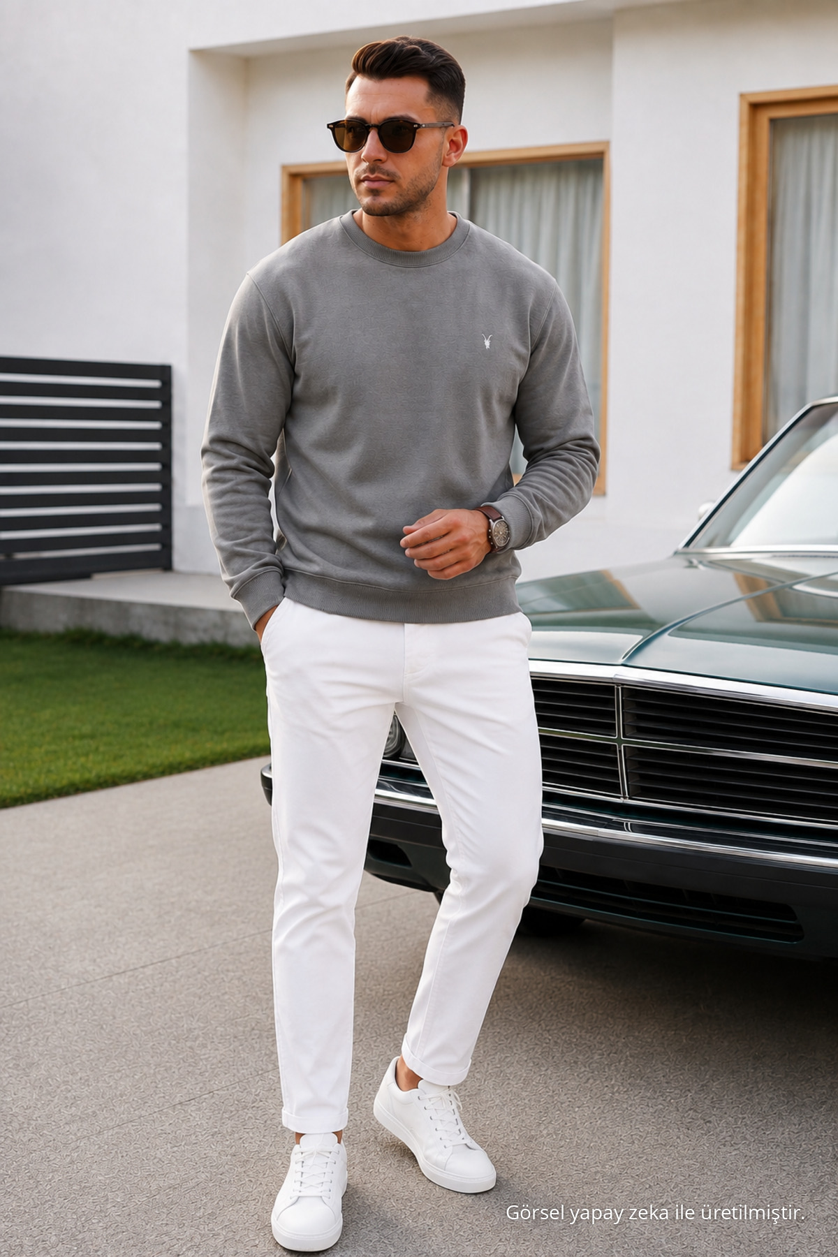 GRİ Düz Kol Düzenli Erkek Sweatshirt 5