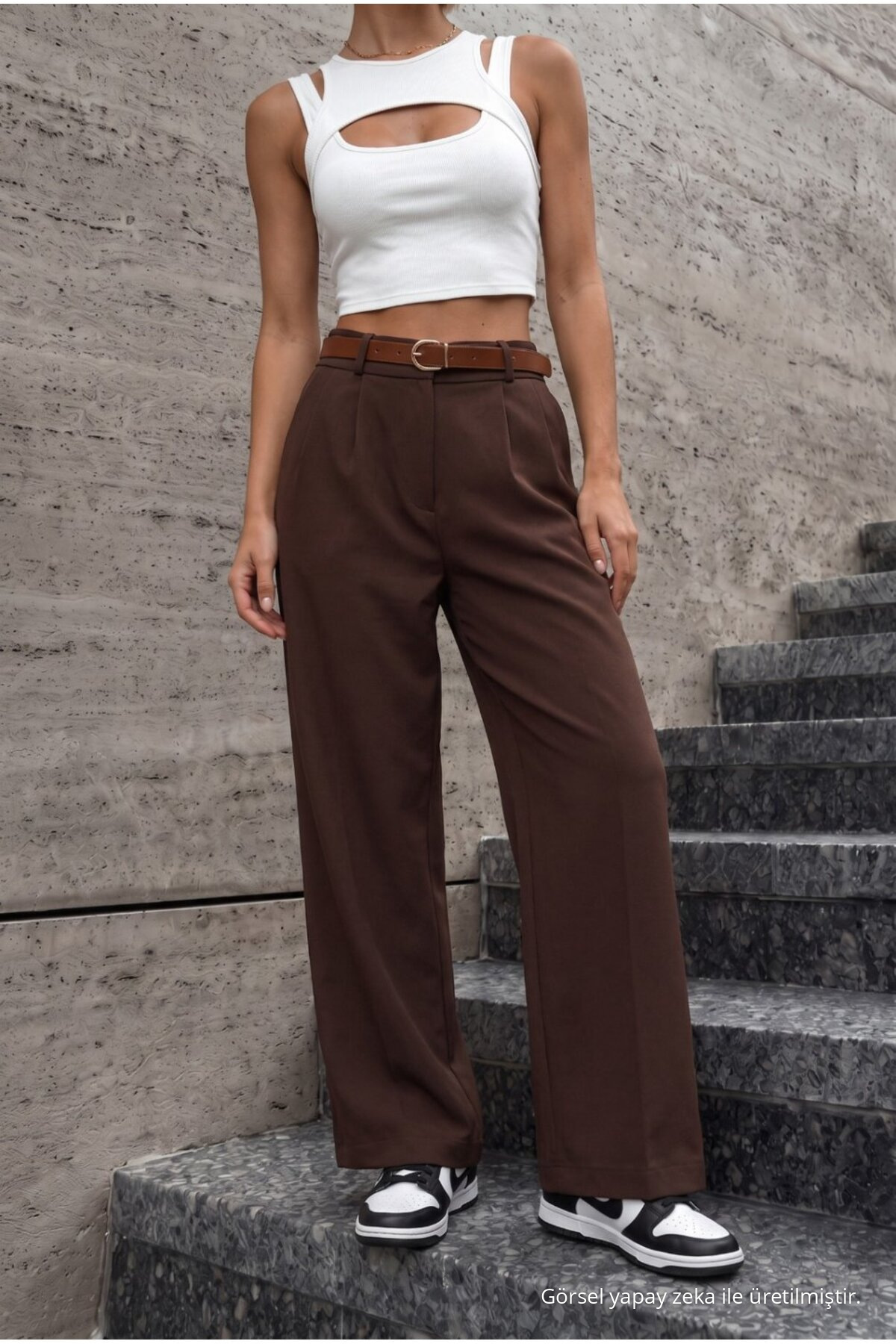 Kadın Kemerli Oversize Salaş Beli Lastikli Palazzo Pantolon KAHVE 7