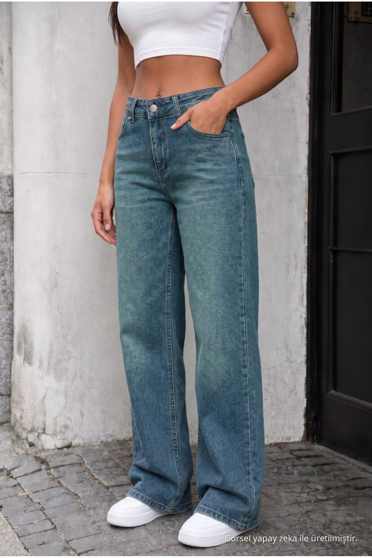 Yüksek Bel Wide Leg Bol Paça Yıkamalı Jean KOYU MAVİ 3