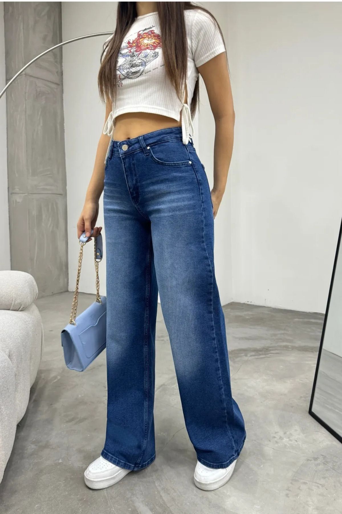 Kadın Yüksek bel Esnek Soluk Efektli Palazzo Jeans Mavi 5