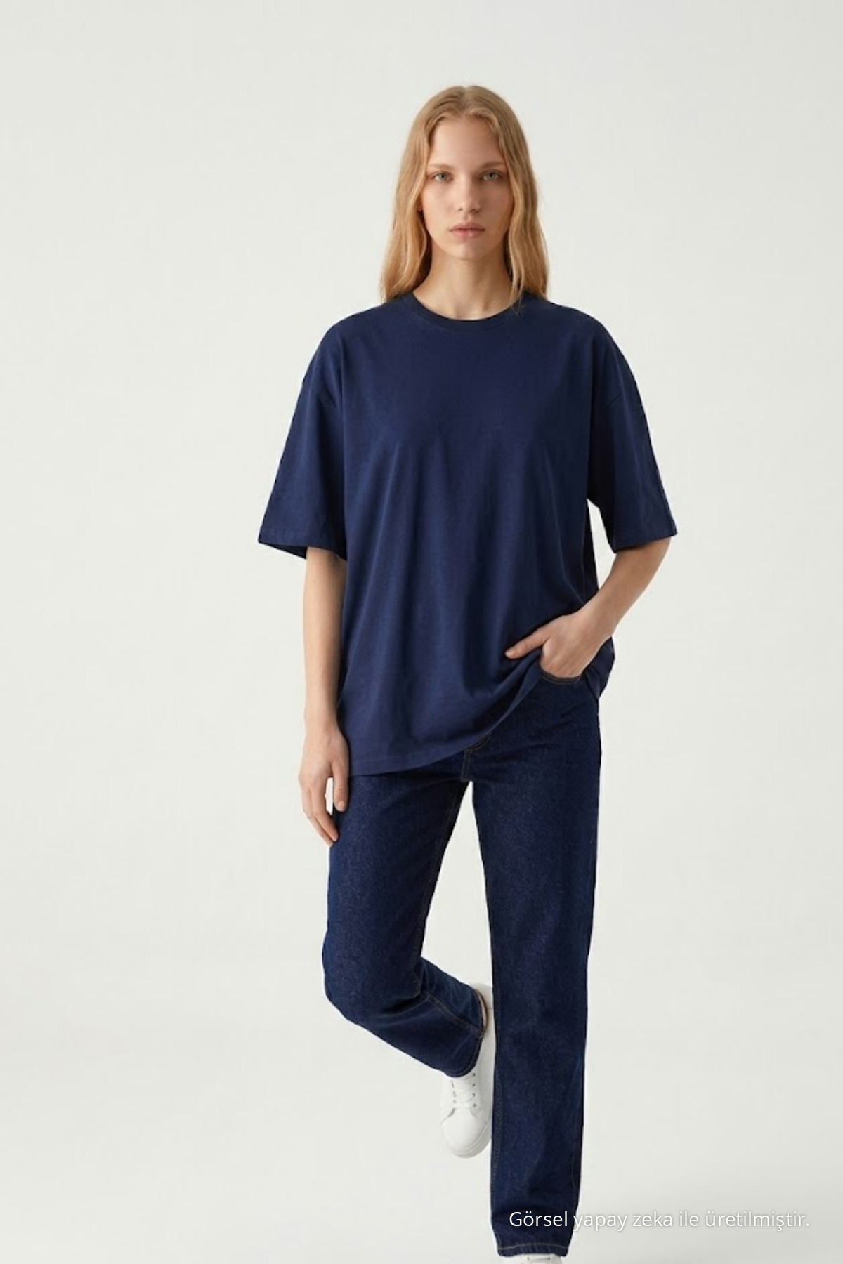 Kadın Bisiklet Yaka Lacivert Oversize Tişört 3