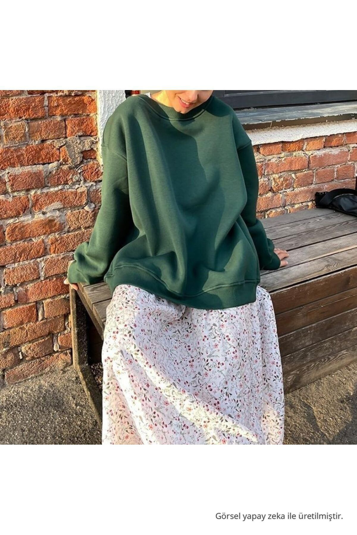 Kadın Bisiklet Yaka İçi Şardonlu, Kışlık Yumuşak Bol Sweatshirt KOYU YEŞİL 5