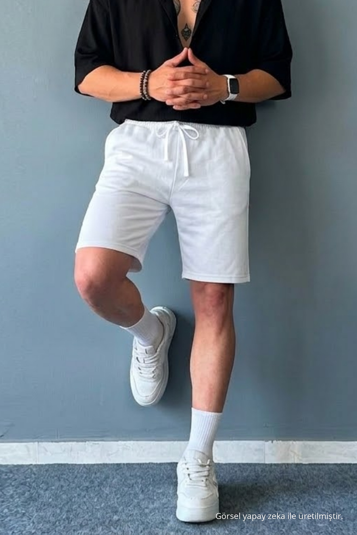 Erkek Beli Lastikli Rahat Basic Beyaz Şort 4