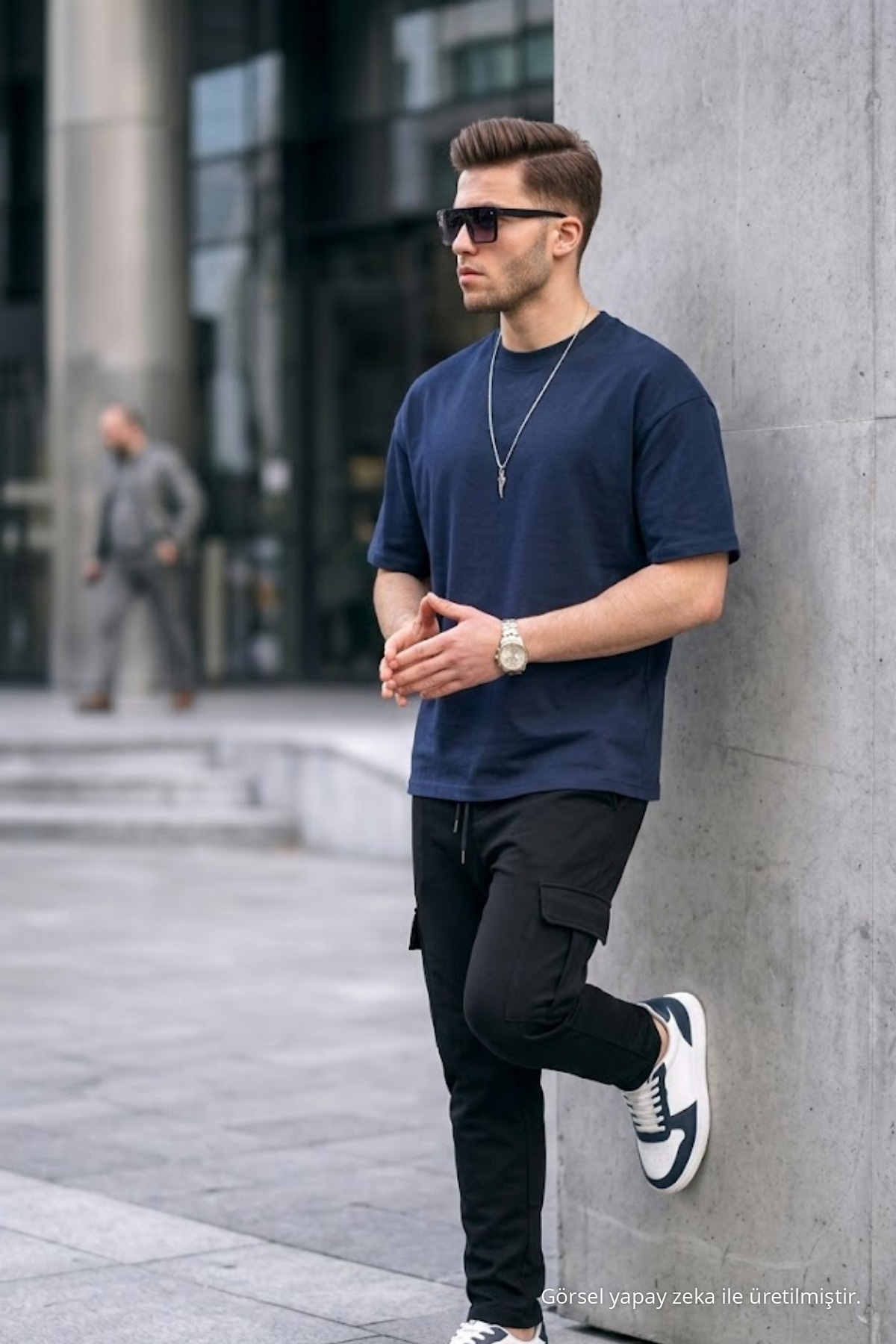 Erkek Premium Basic Trend LACİVERT Oversize Tişört 4