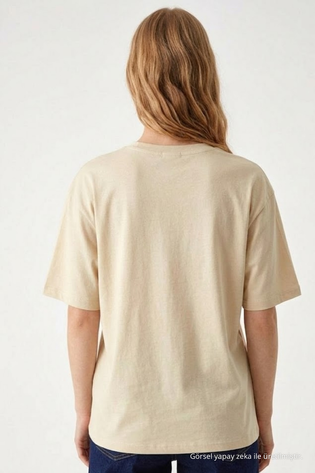 Kadın Bisiklet Yaka Bej Oversize Tişört 5