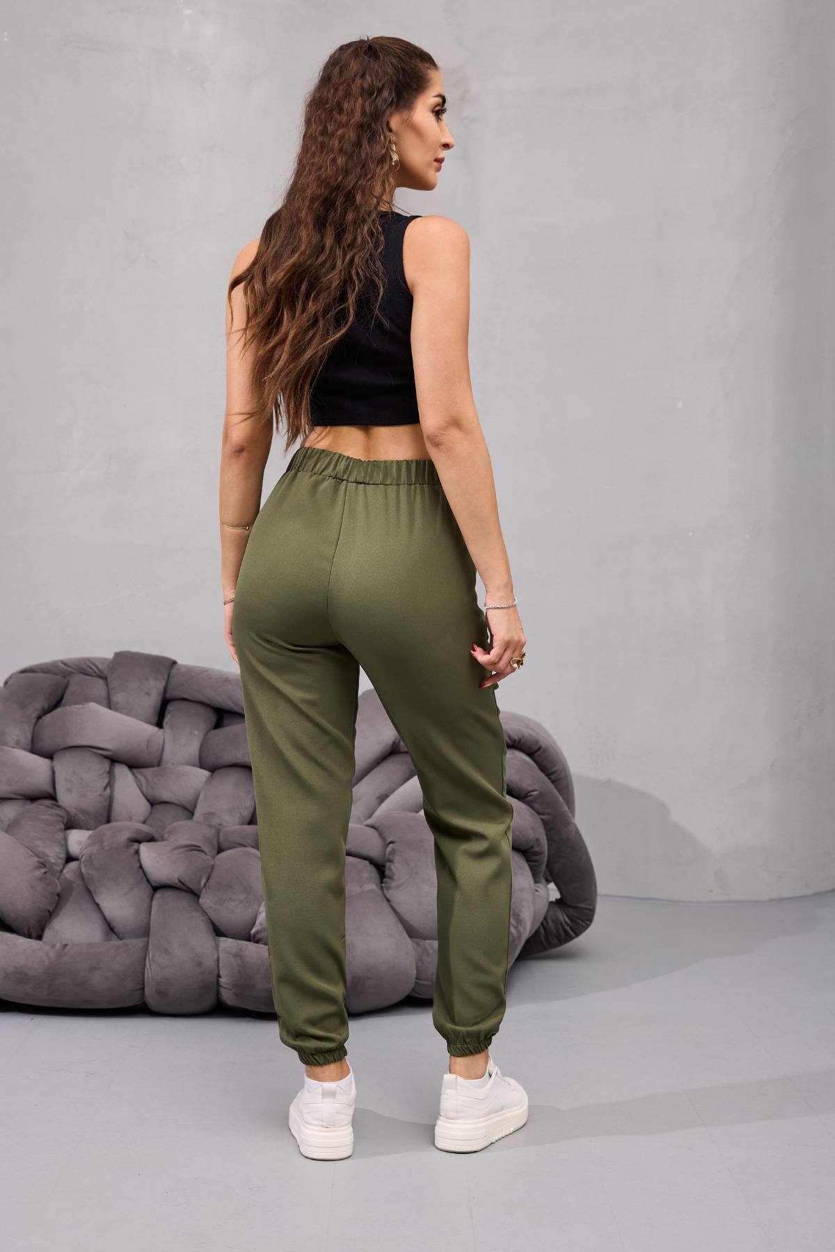 Kadın Yüksek Bel Likralı Rahat Kumaş Jogger Beli Lastikli Pantolon HAKİ 6