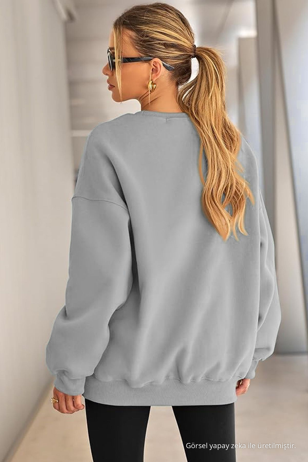 Kadın Bisiklet Yaka Basic Oversize Sweatshirt GRİMELANJ 3