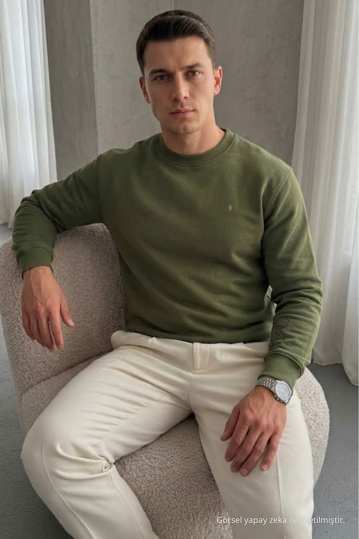 Erkek Loose Dokulu Flare HAKİ Sweatshirt 6