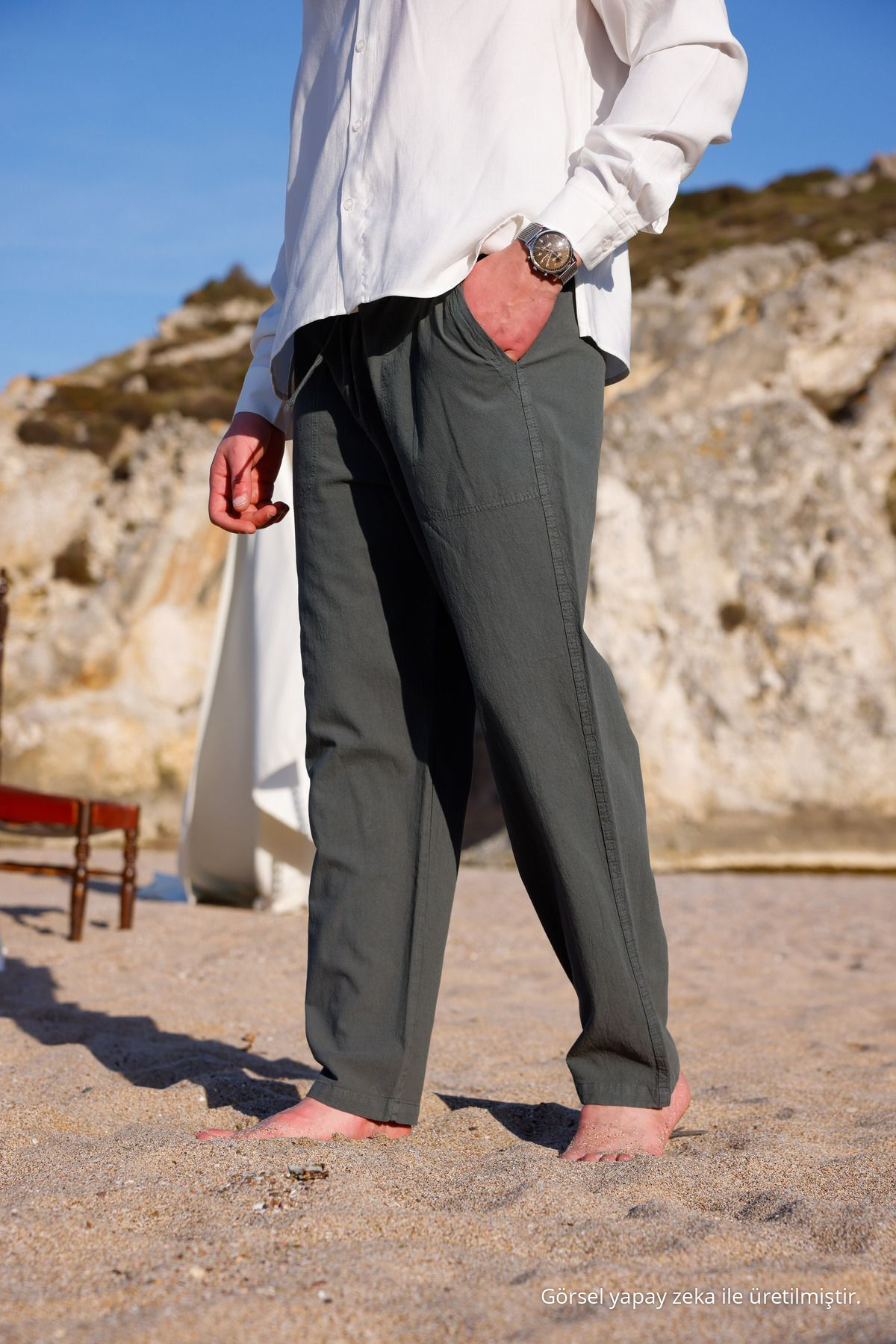 RELAXED FIT PAMUKLU KETEN PANTOLON HAKİ 8